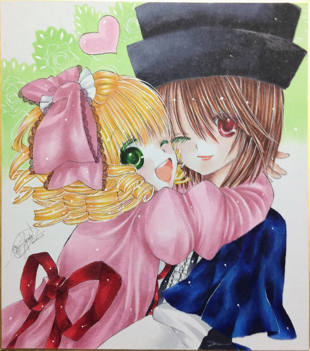 2girls blonde_hair bow brown_hair drill_hair green_eyes hat heart hina_ichigo hinaichigo hug image multiple_girls one_eye_closed pair pastel_(medium) pink_bow red_eyes ribbon scarf shikishi short_hair smile souseiseki traditional_media watercolor_(medium)