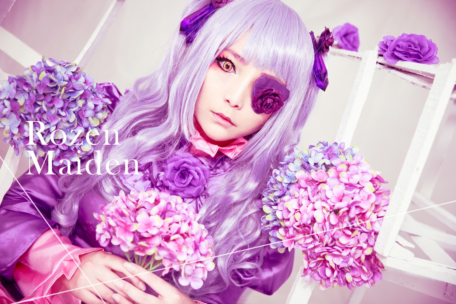 1girl bangs barasuishou bouquet flower holding holding_bouquet lips long_hair long_sleeves looking_at_viewer purple_flower purple_rose purple_theme ribbon rose solo upper_body