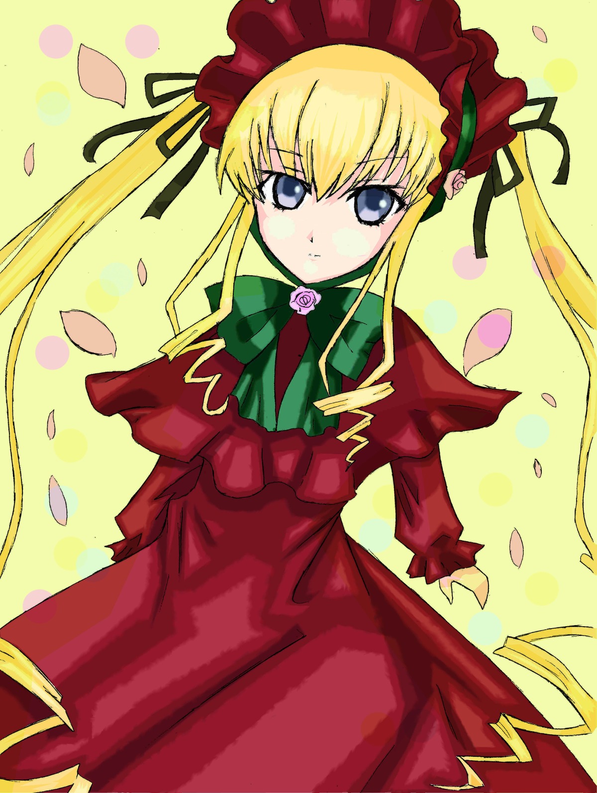 1girl blonde_hair blue_eyes bonnet bow bowtie capelet cowboy_shot dress flower green_bow green_neckwear image long_hair long_sleeves looking_at_viewer petals red_dress rose_petals shinku sidelocks solo twintails yellow_background