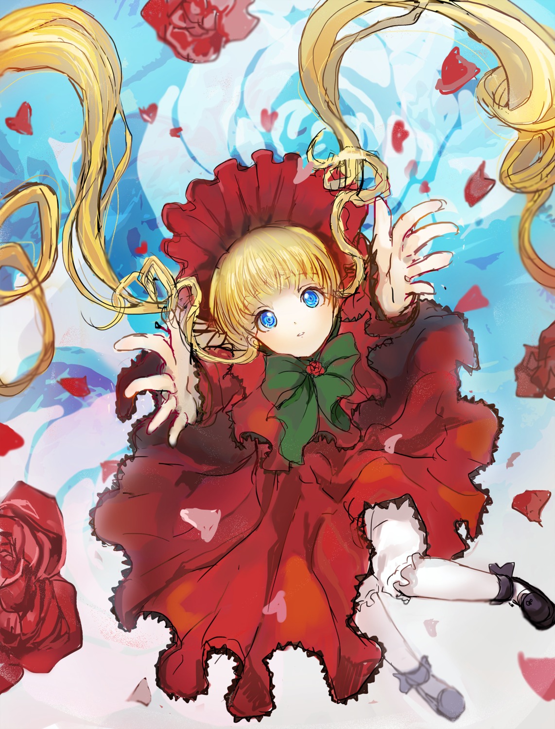 1girl blonde_hair bloomers blue_eyes bow bowtie dress flower green_bow green_neckwear image long_hair long_sleeves looking_at_viewer petals pink_flower pink_rose red_capelet red_dress red_flower red_rose rose rose_petals shinku shoes solo twintails underwear very_long_hair