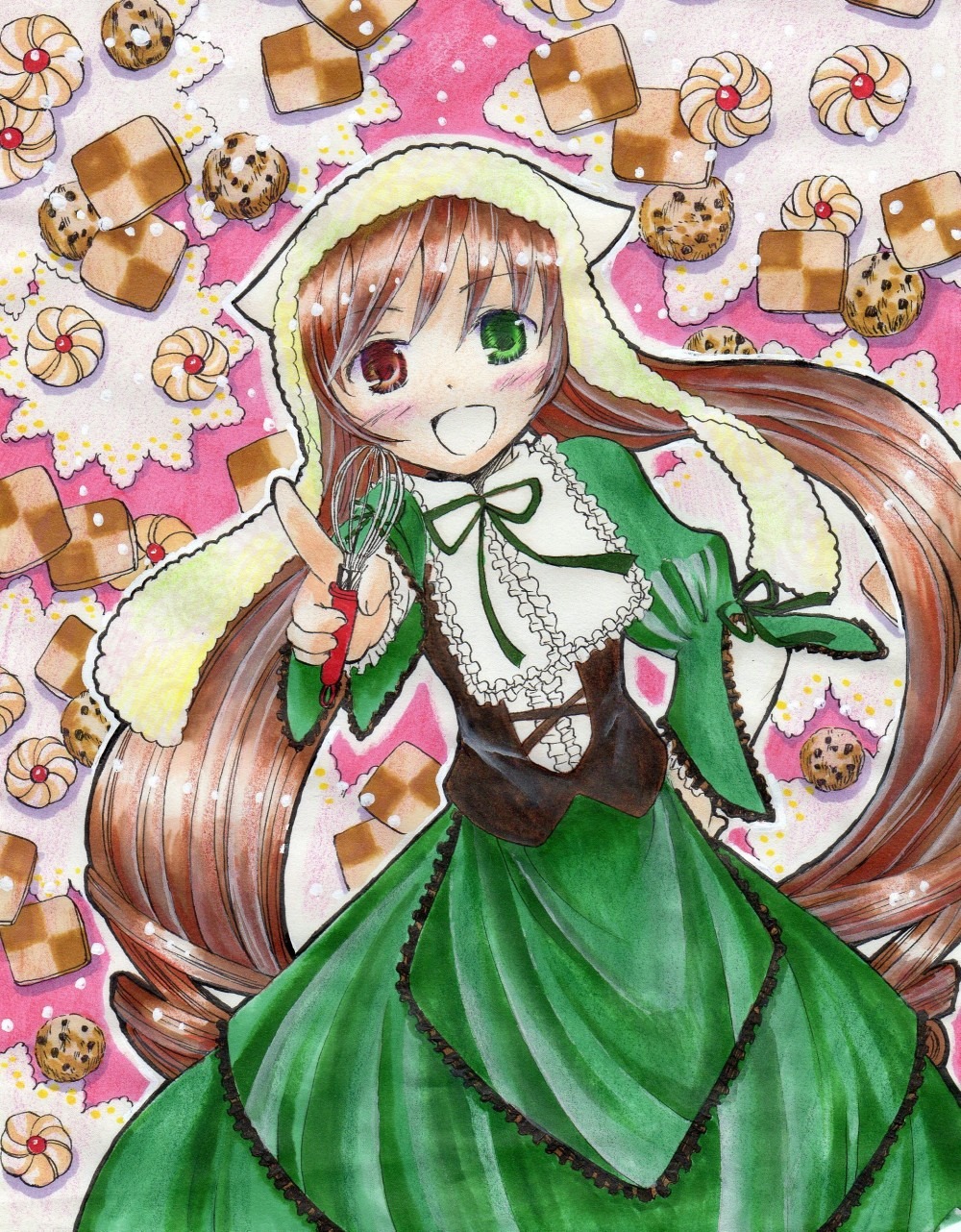 1girl :d blush brown_hair cake candy checkerboard_cookie chocolate chocolate_bar cookie cupcake dress food frills green_dress green_eyes heterochromia image long_hair long_sleeves looking_at_viewer macaron open_mouth pastry red_eyes ribbon smile solo suiseiseki sweets traditional_media twintails very_long_hair