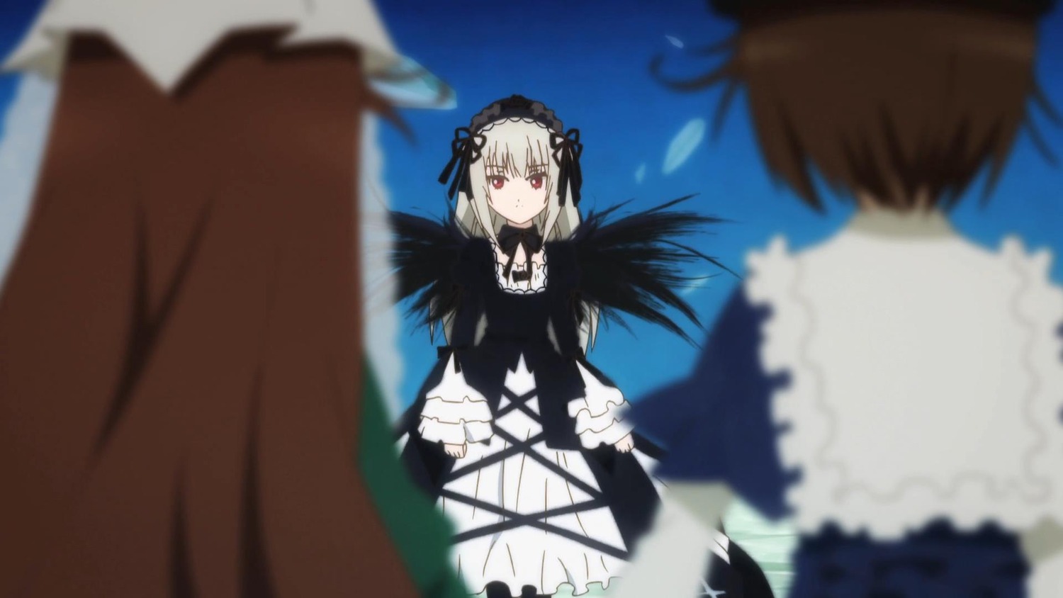 1boy 2girls black_dress black_wings blurry blurry_background blurry_foreground brown_hair depth_of_field dress frills gothic_lolita hairband image lolita_fashion lolita_hairband long_hair long_sleeves motion_blur multiple multiple_girls red_eyes silver_hair solo_focus suigintou tagme wings