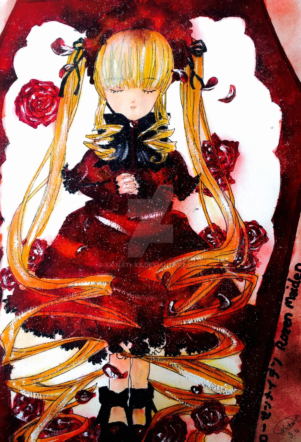 1girl blonde_hair bow closed_eyes dress drill_hair flower image long_hair long_sleeves petals red_dress red_flower red_rose rose shinku solo traditional_media twin_drills twintails very_long_hair