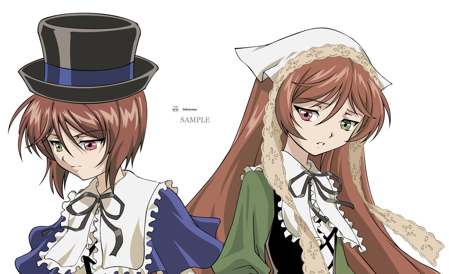 brown_hair dress green_dress green_eyes hat head_scarf heterochromia image long_hair looking_at_viewer multiple_girls multiple_views pair red_eyes ribbon siblings sisters souseiseki suiseiseki top_hat twins white_background