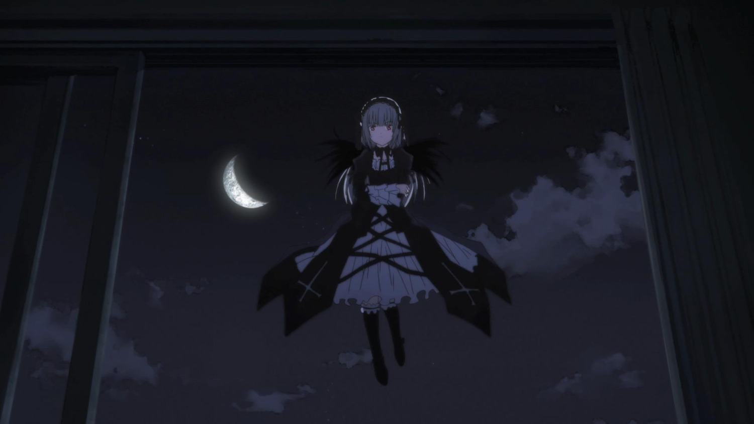 1girl black_legwear crescent_moon dress frills hairband image long_hair long_sleeves looking_at_viewer moon night sky solo standing suigintou wide_sleeves