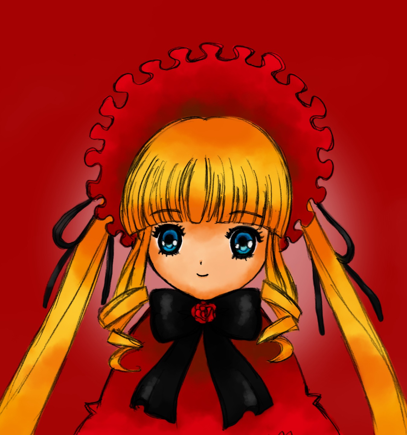 1girl bangs blonde_hair blue_eyes bonnet bow bowtie dress drill_hair flower image long_hair long_sleeves looking_at_viewer red_background red_dress rose shinku simple_background smile solo twin_drills twintails upper_body