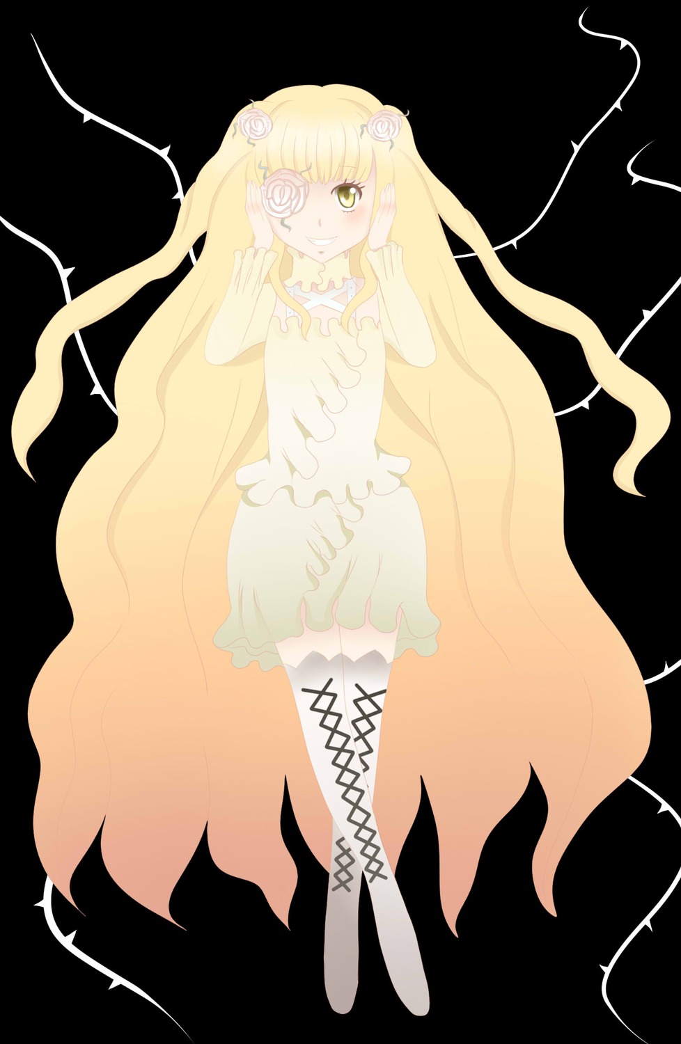 1girl black_background blonde_hair boots cross-laced_footwear dress eyepatch flower full_body hair_flower hair_ornament image kirakishou long_hair rose smile solo thighhighs thorns very_long_hair yellow_eyes