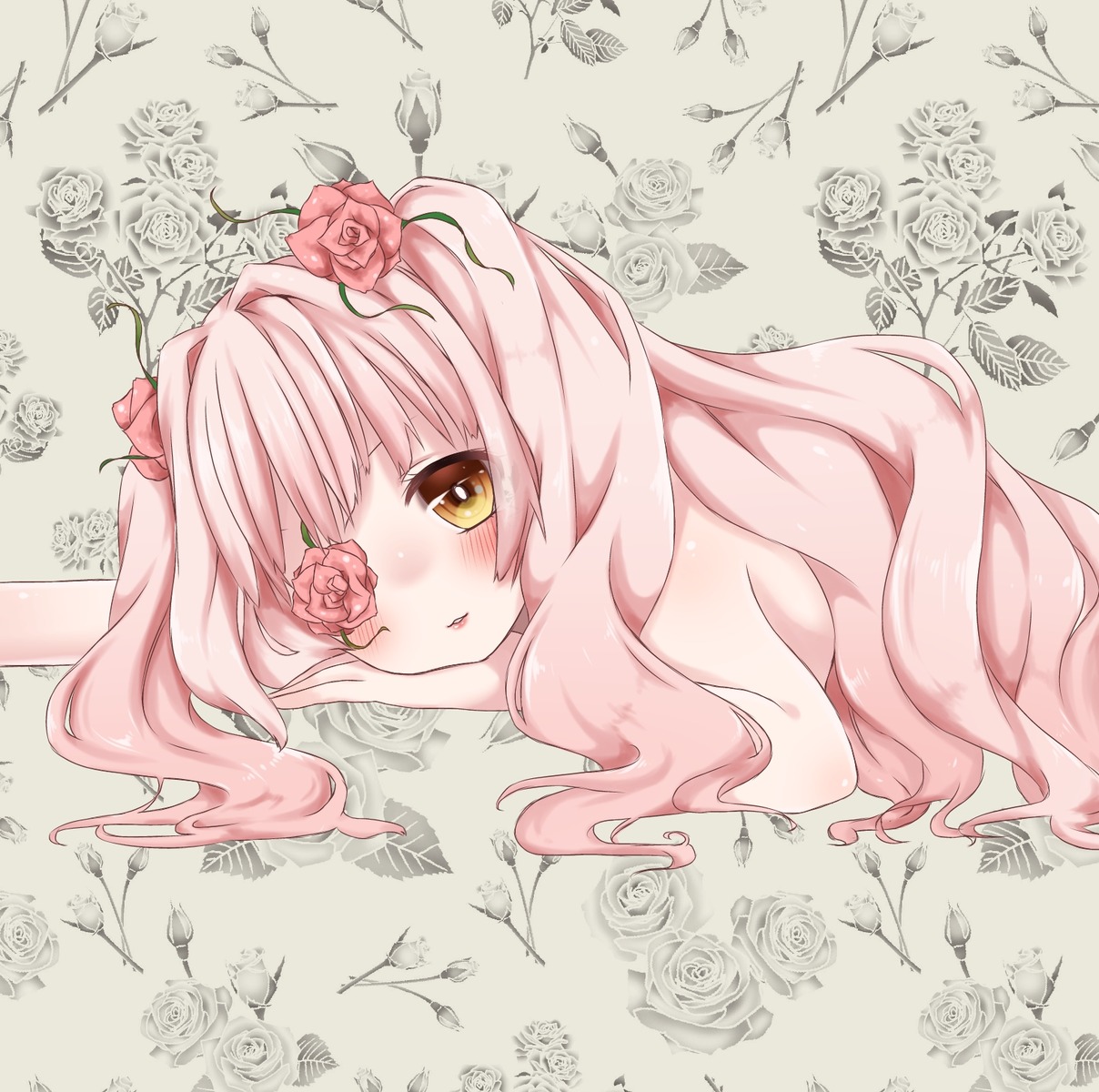 1girl blush flower hair_ornament image kirakishou long_hair looking_at_viewer pink_flower pink_hair pink_rose red_rose rose solo thorns vines white_flower white_rose yellow_eyes