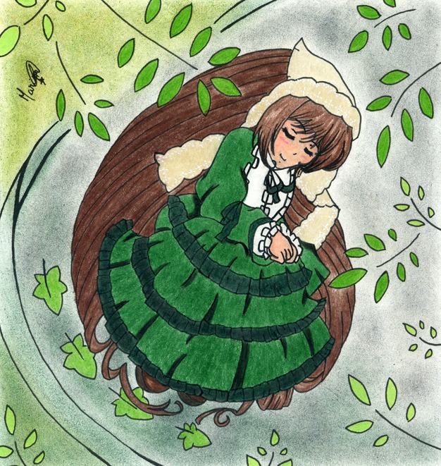 1girl blush brown_hair bug butterfly closed_eyes dress green_dress image insect leaf long_hair long_sleeves smile solo suiseiseki traditional_media very_long_hair