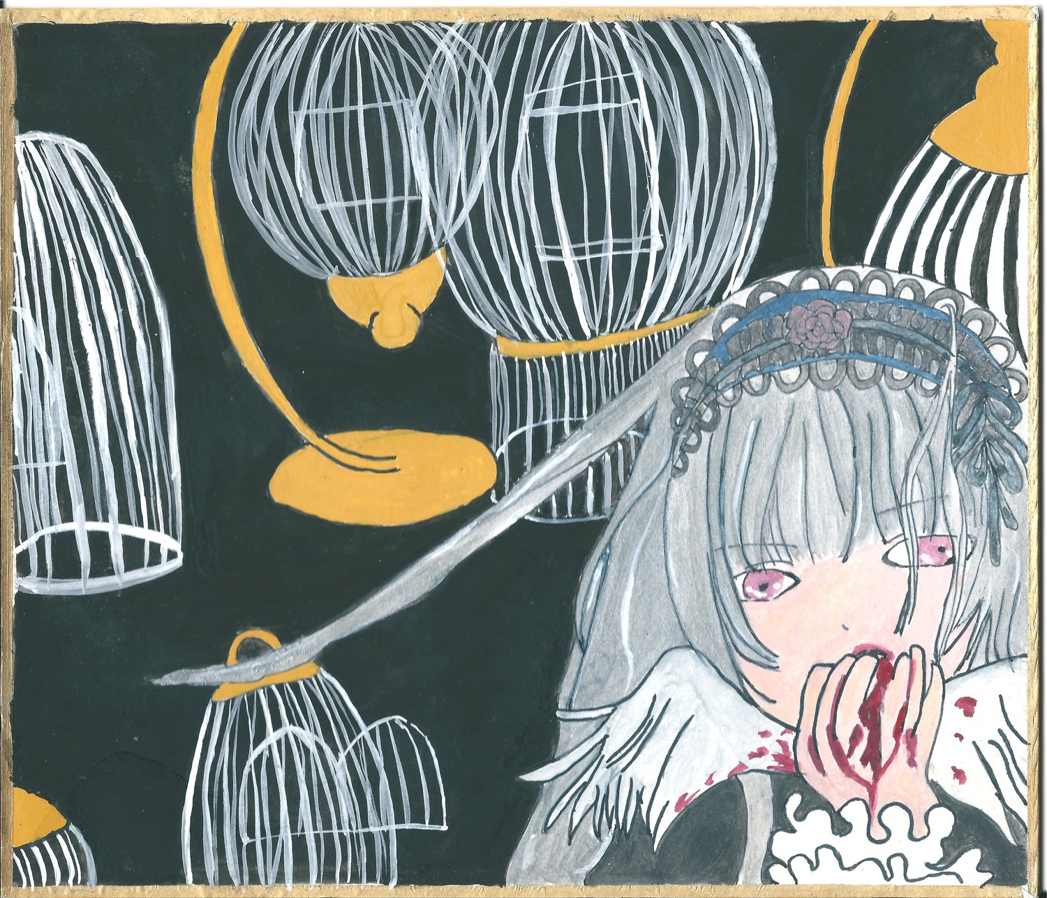 1girl bangs birdcage blood cage image long_hair purple_eyes solo suigintou