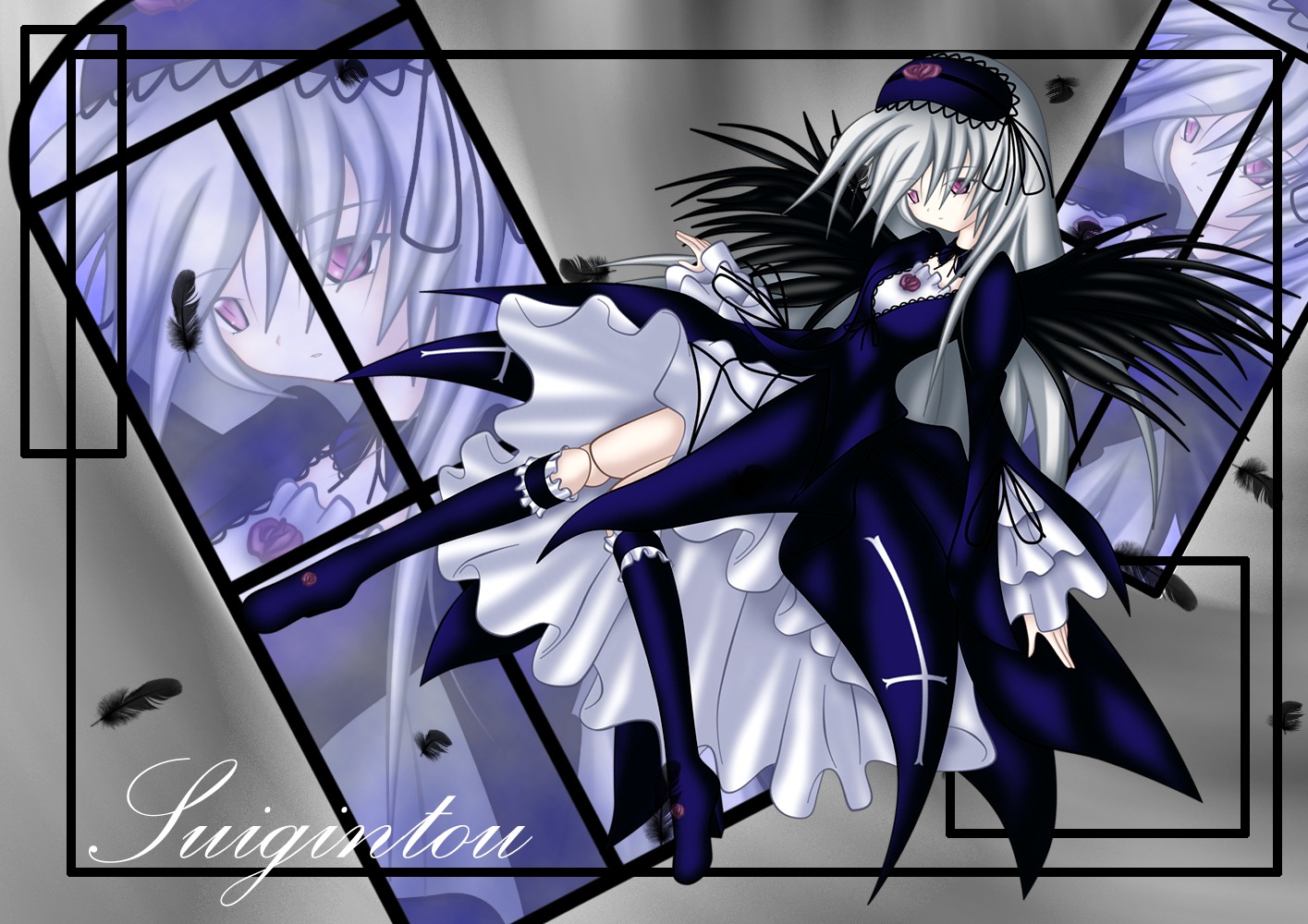 1girl black_dress black_wings boots dress feathers flower frills hairband image juliet_sleeves knee_boots long_hair long_sleeves looking_at_viewer pink_eyes puffy_sleeves ribbon rose silver_hair solo suigintou wings