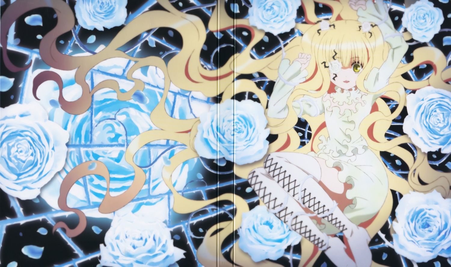 1girl black_rose blonde_hair blue_flower blue_rose dress flower image kirakishou long_hair rose solo thighhighs thorns very_long_hair white_flower white_rose yellow_eyes yellow_rose