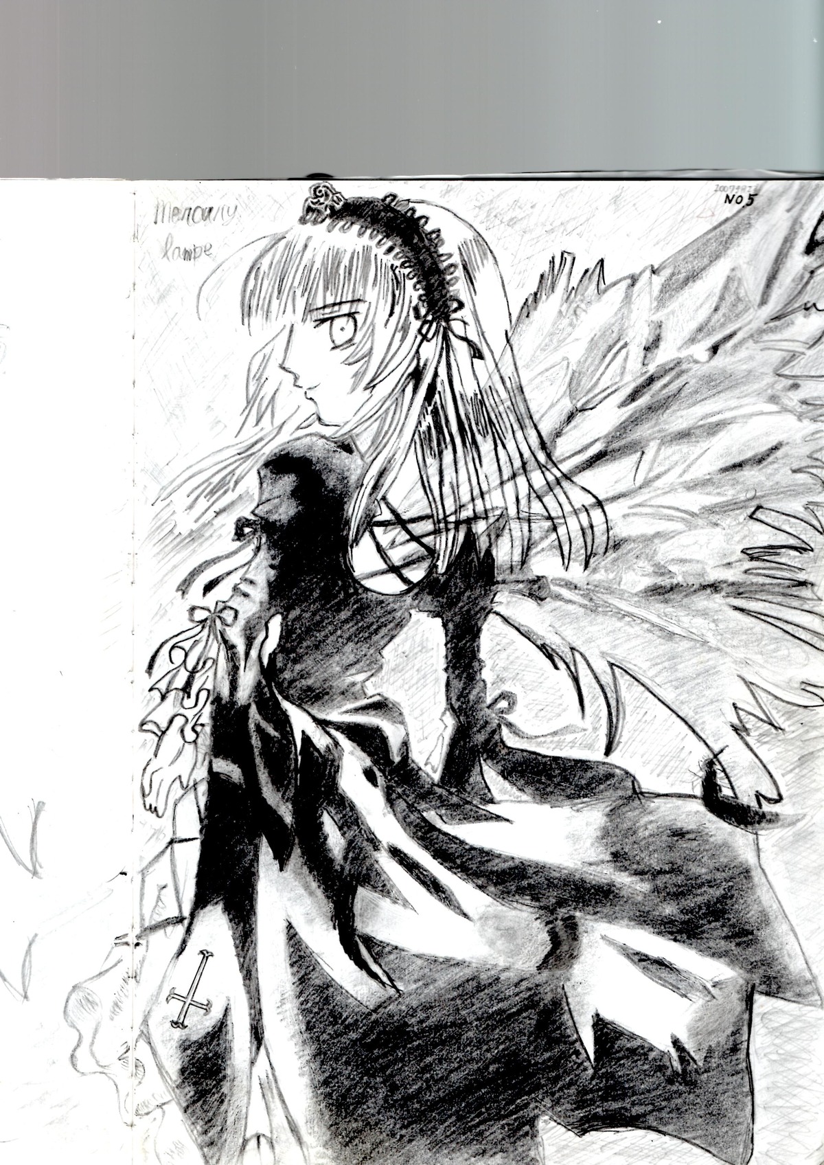 1girl closed_mouth dress frills greyscale hairband image long_hair long_sleeves monochrome solo suigintou traditional_media wings