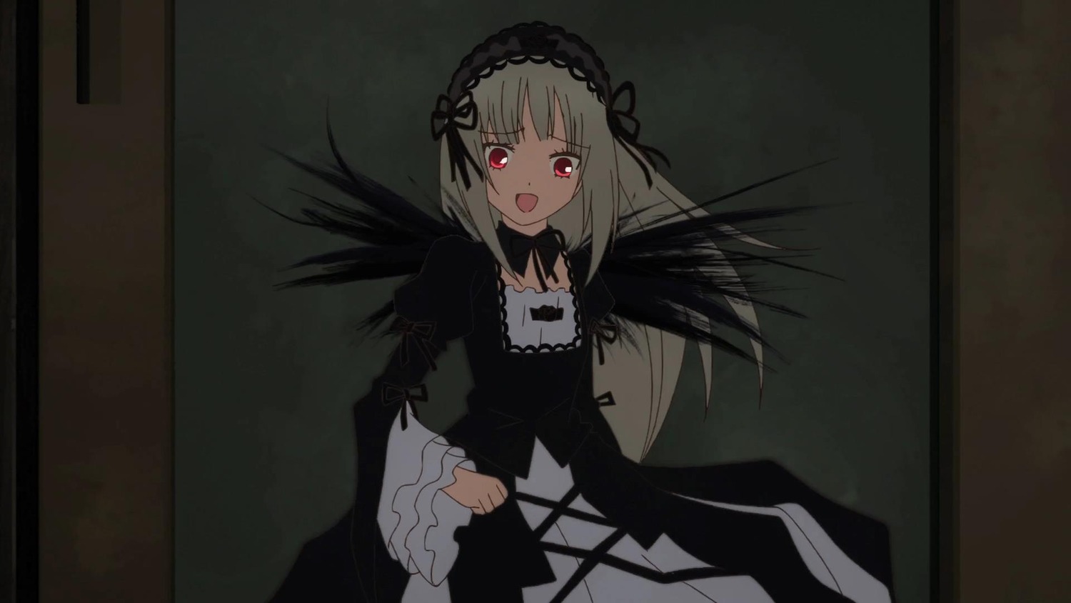 1girl :d black_dress black_ribbon black_wings detached_collar dress frills gothic_lolita hairband image juliet_sleeves long_hair long_sleeves looking_at_viewer open_mouth puffy_sleeves red_eyes ribbon silver_hair smile solo suigintou wide_sleeves wings