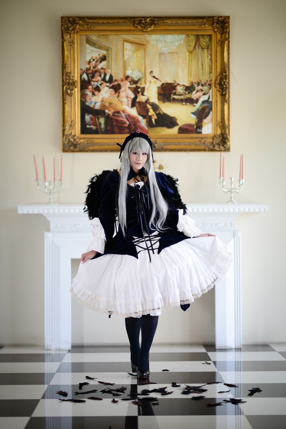 1girl argyle argyle_background argyle_legwear black_legwear checkered checkered_background checkered_floor chess_piece dress feathers indoors lolita_fashion long_hair pantyhose reflection reflective_floor shoes solo standing suigintou tile_floor tiles