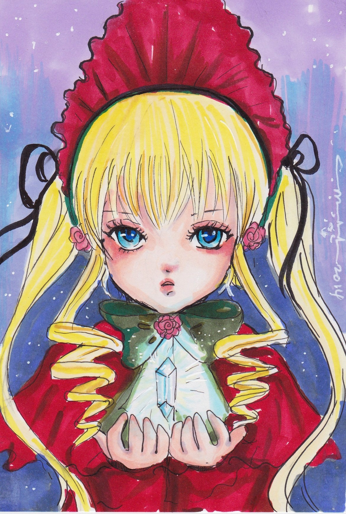 1girl bangs blonde_hair blue_eyes bonnet bow bowtie capelet cup drill_hair flower holding image long_hair long_sleeves looking_at_viewer marker_(medium) pink_flower pink_rose red_capelet red_dress rose shinku solo traditional_media twin_drills twintails upper_body