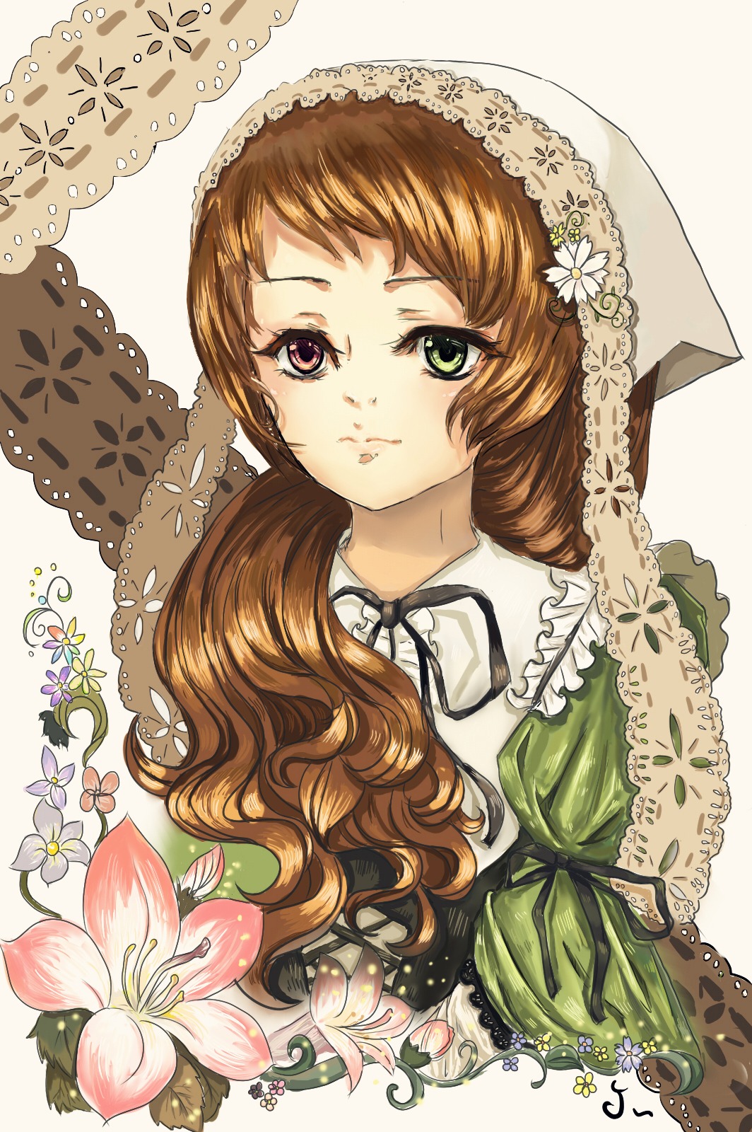 1girl brown_hair dress flower green_dress green_eyes head_scarf heterochromia image long_hair ribbon solo suiseiseki upper_body