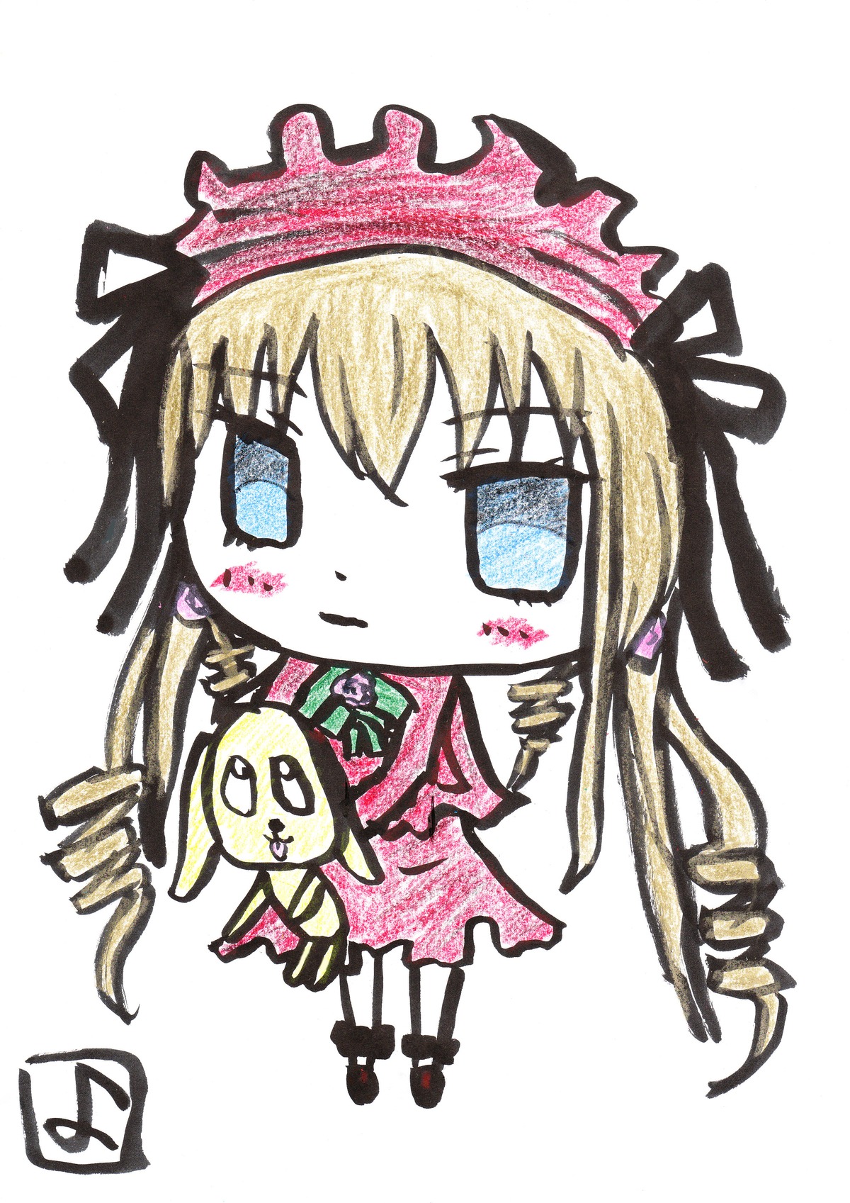 1girl auto_tagged blonde_hair blue_eyes chibi dress drill_hair full_body hat image long_hair long_sleeves ringlets shinku simple_background solo stuffed_animal stuffed_bunny twin_drills white_background