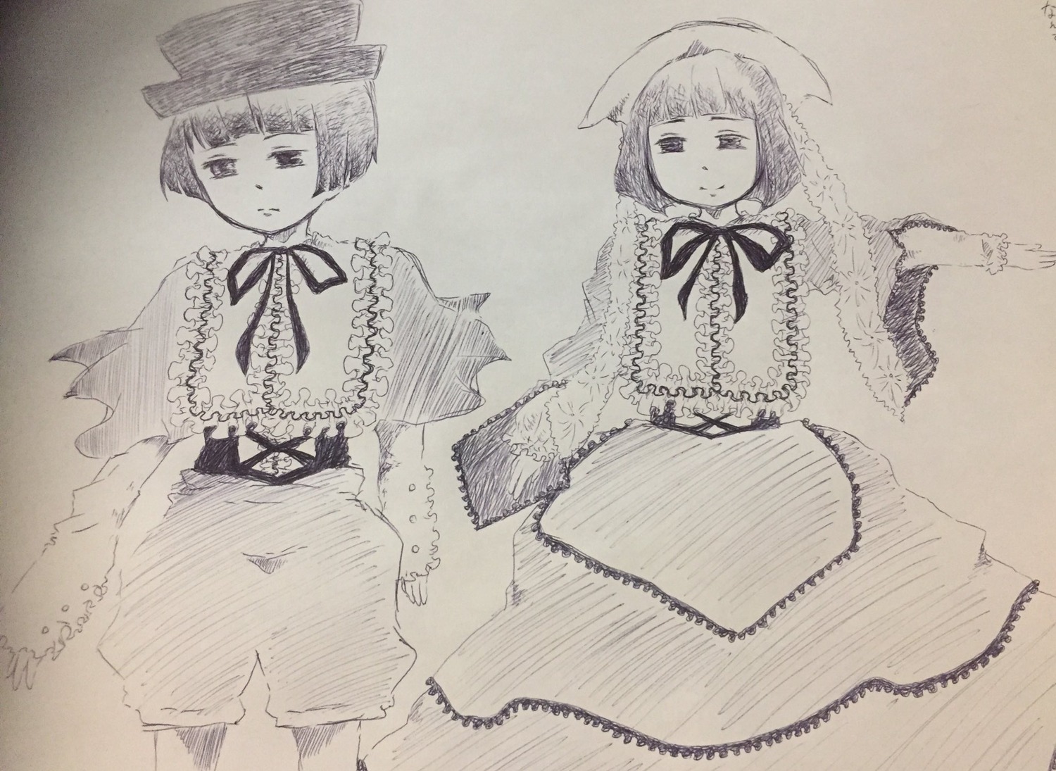 2girls bangs blunt_bangs capelet dress frills hat image monochrome multiple_girls nagae_iku pair ribbon short_hair smile souseiseki suiseiseki