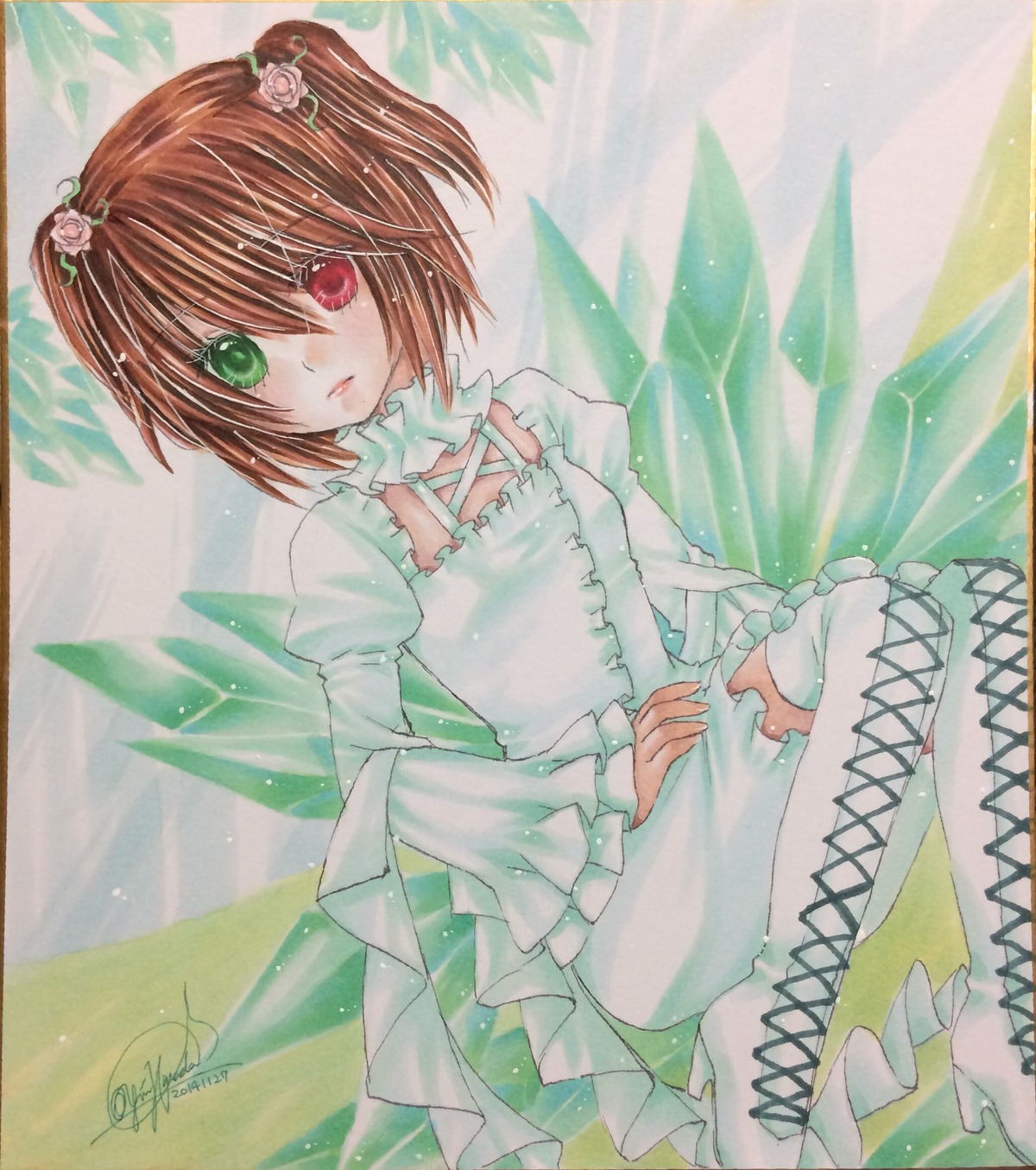 1girl boots brown_hair costume_switch cross-laced_footwear dress flower frills hair_flower hair_ornament heterochromia image long_sleeves marker_(medium) red_eyes rose short_hair signature sitting solo traditional_media