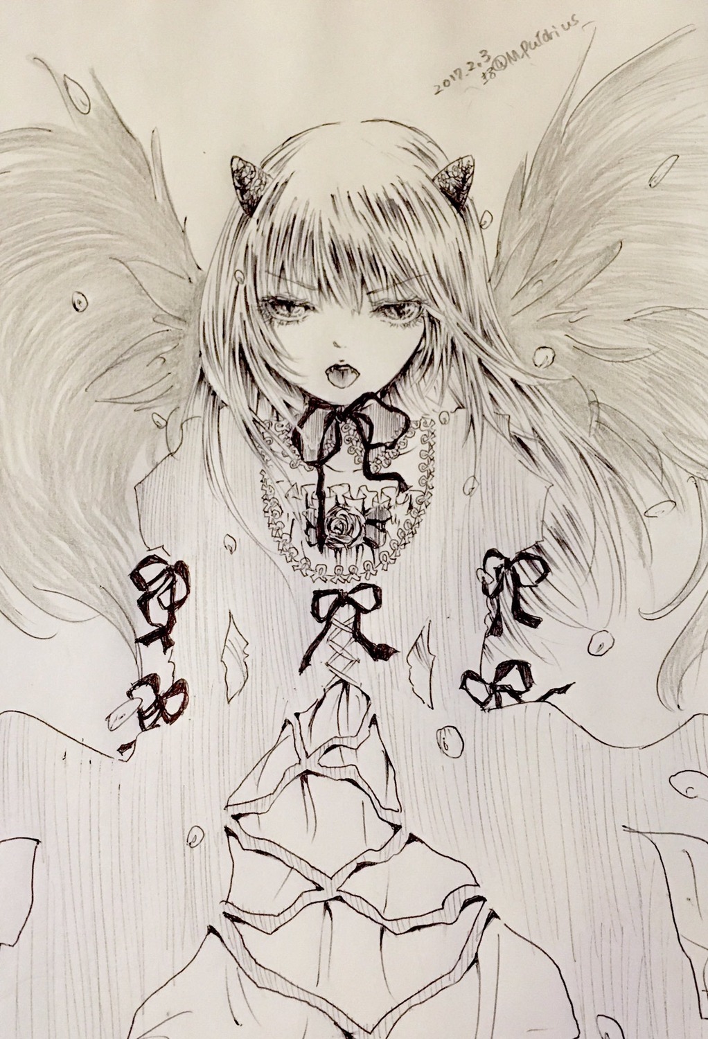 1girl feathers flower image long_hair monochrome open_mouth ribbon solo suigintou traditional_media wings