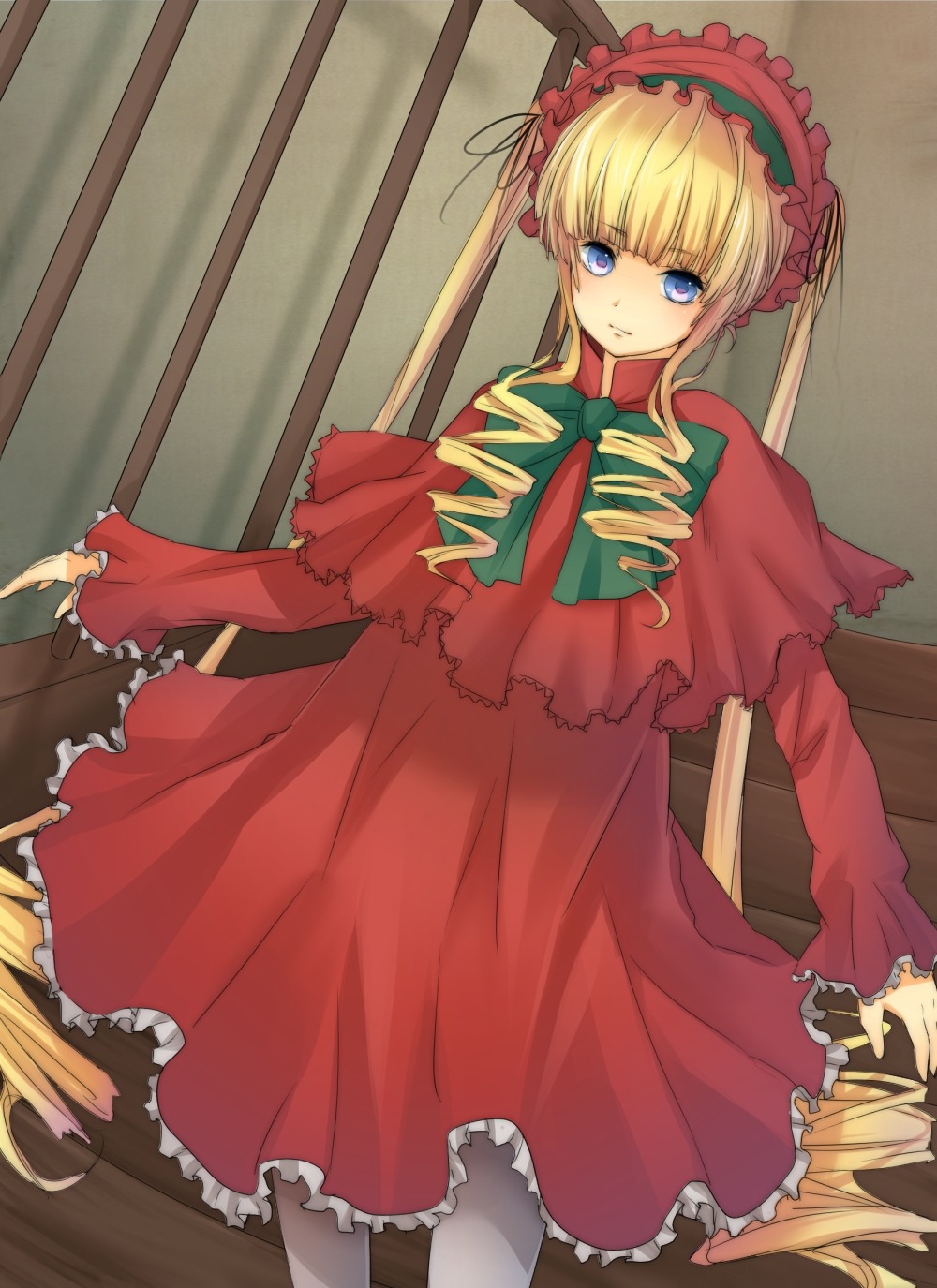 1girl blonde_hair blue_eyes blush bonnet bow bowtie capelet dress drill_hair frills image long_hair long_sleeves looking_at_viewer pantyhose shinku solo standing twin_drills twintails