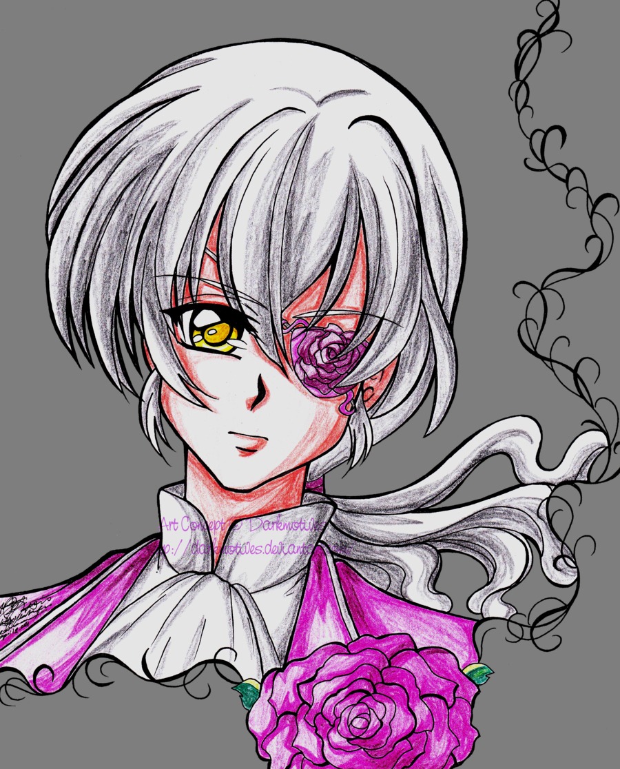 1boy barasuishou black_background bouquet flower image long_hair looking_at_viewer pink_flower purple_flower purple_rose red_flower rose solo upper_body yellow_eyes