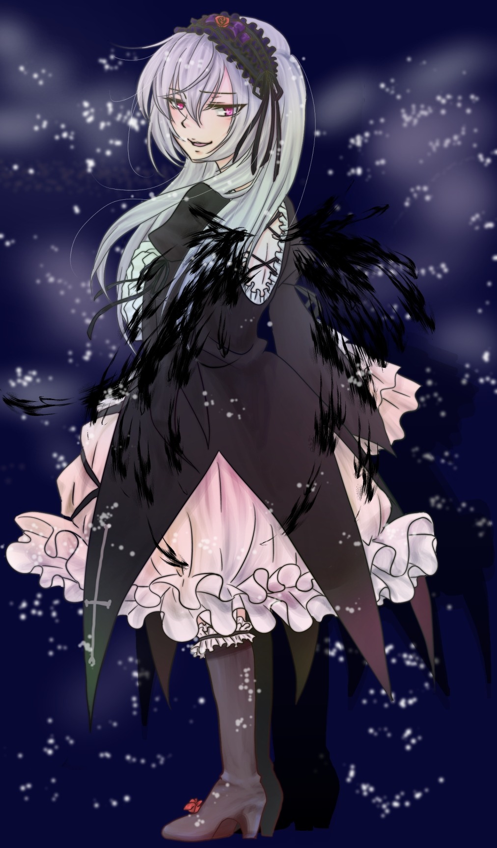 1girl black_wings boots dress frills hairband image knee_boots long_hair long_sleeves looking_at_viewer looking_back open_mouth silver_hair smile solo suigintou wings