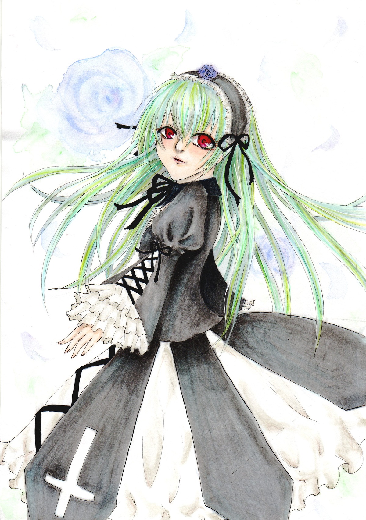 1girl black_dress black_ribbon closed_mouth dress flower frills hairband image juliet_sleeves lolita_hairband long_hair long_sleeves looking_at_viewer marker_(medium) red_eyes ribbon rose solo standing suigintou traditional_media wings