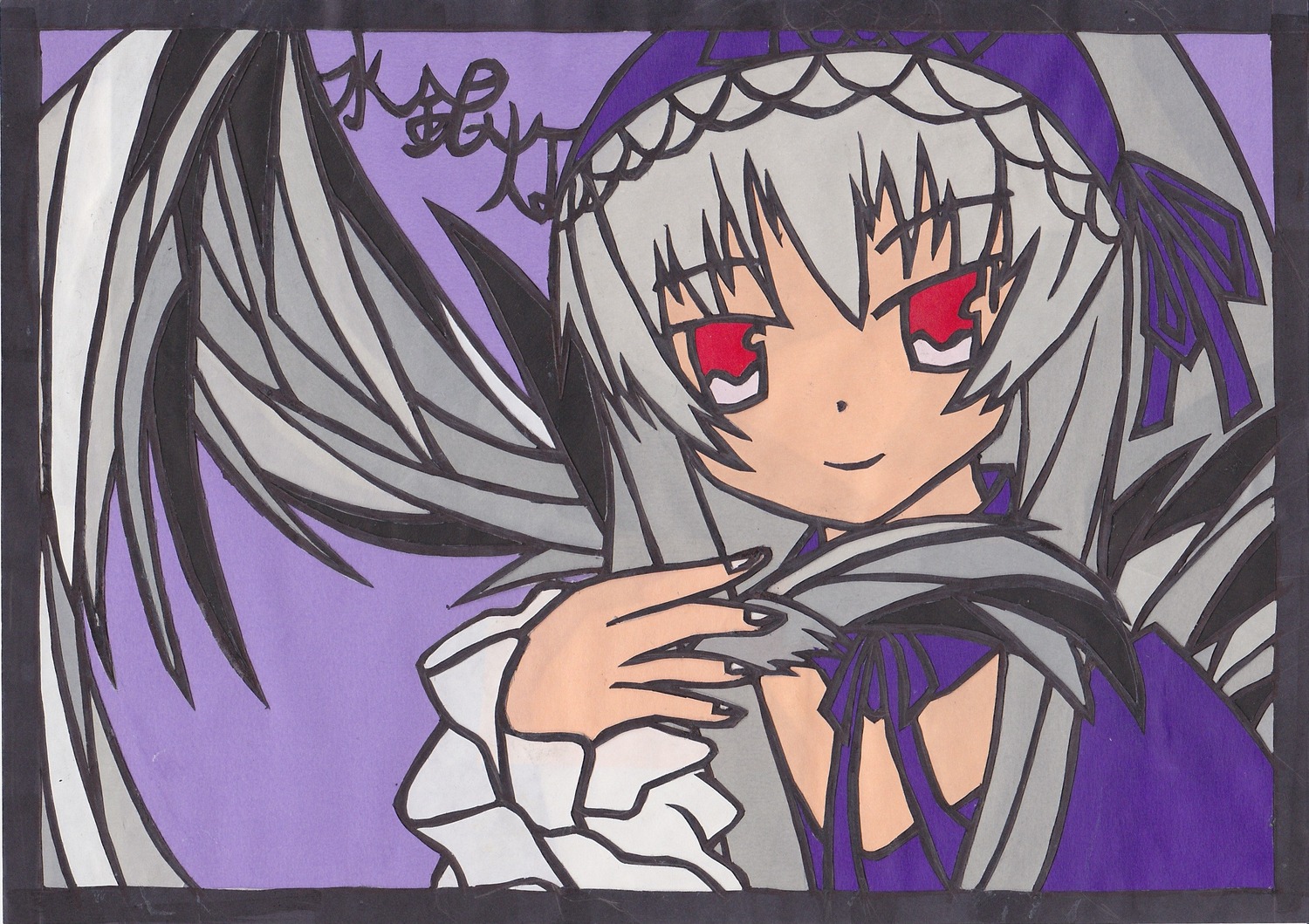 1girl black_wings dress flower image long_hair long_sleeves looking_at_viewer ribbon rose simple_background smile solo suigintou white_background wings