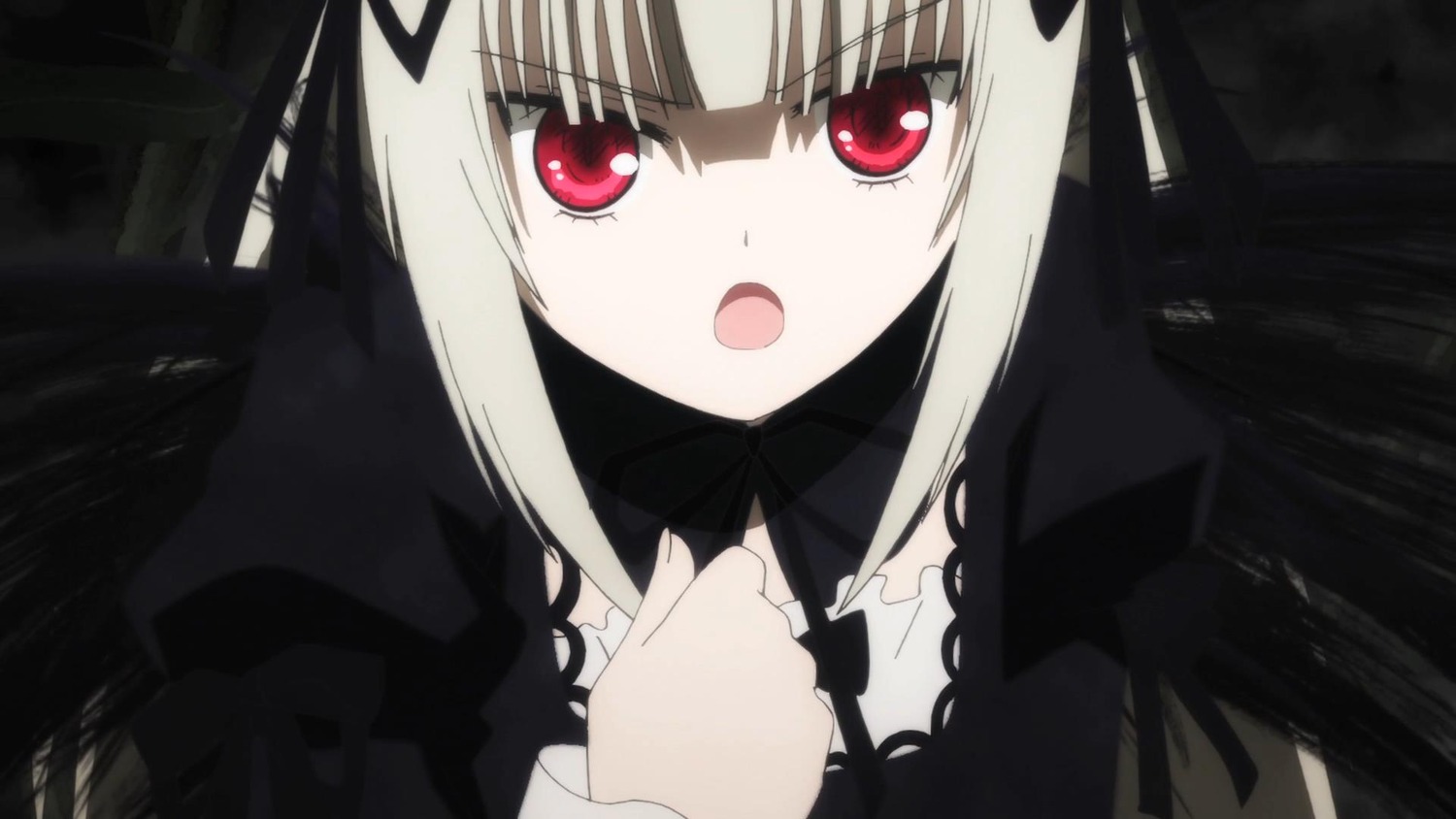 1girl :o bangs black_ribbon blunt_bangs dress image long_hair long_sleeves looking_at_viewer open_mouth red_eyes ribbon solo suigintou upper_body