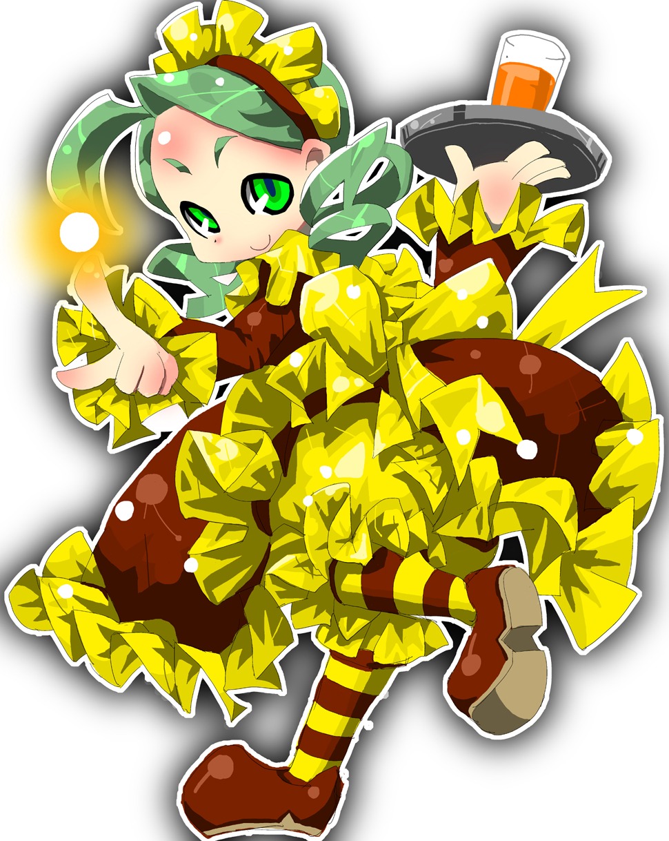 1girl alcohol beer cup dress frills full_body green_eyes green_hair image kanaria long_sleeves pantyhose personification shoes smile solo striped striped_legwear yellow_bow yellow_footwear