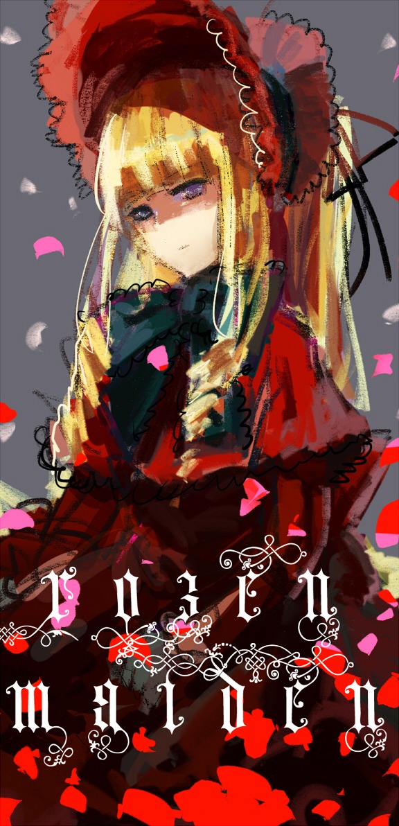 1girl blonde_hair blue_eyes bonnet capelet dress flower image long_hair petals red_dress rose_petals shinku solo