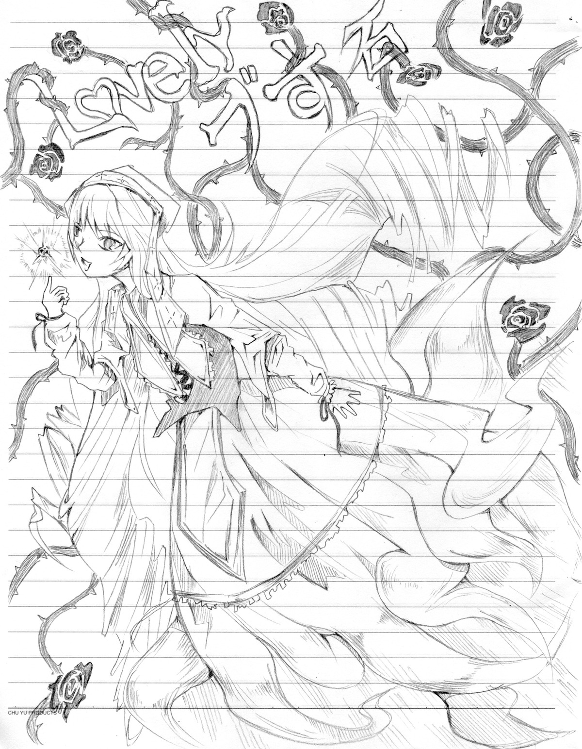 1girl auto_tagged flower frills greyscale image long_hair long_sleeves looking_at_viewer monochrome sketch solo suiseiseki