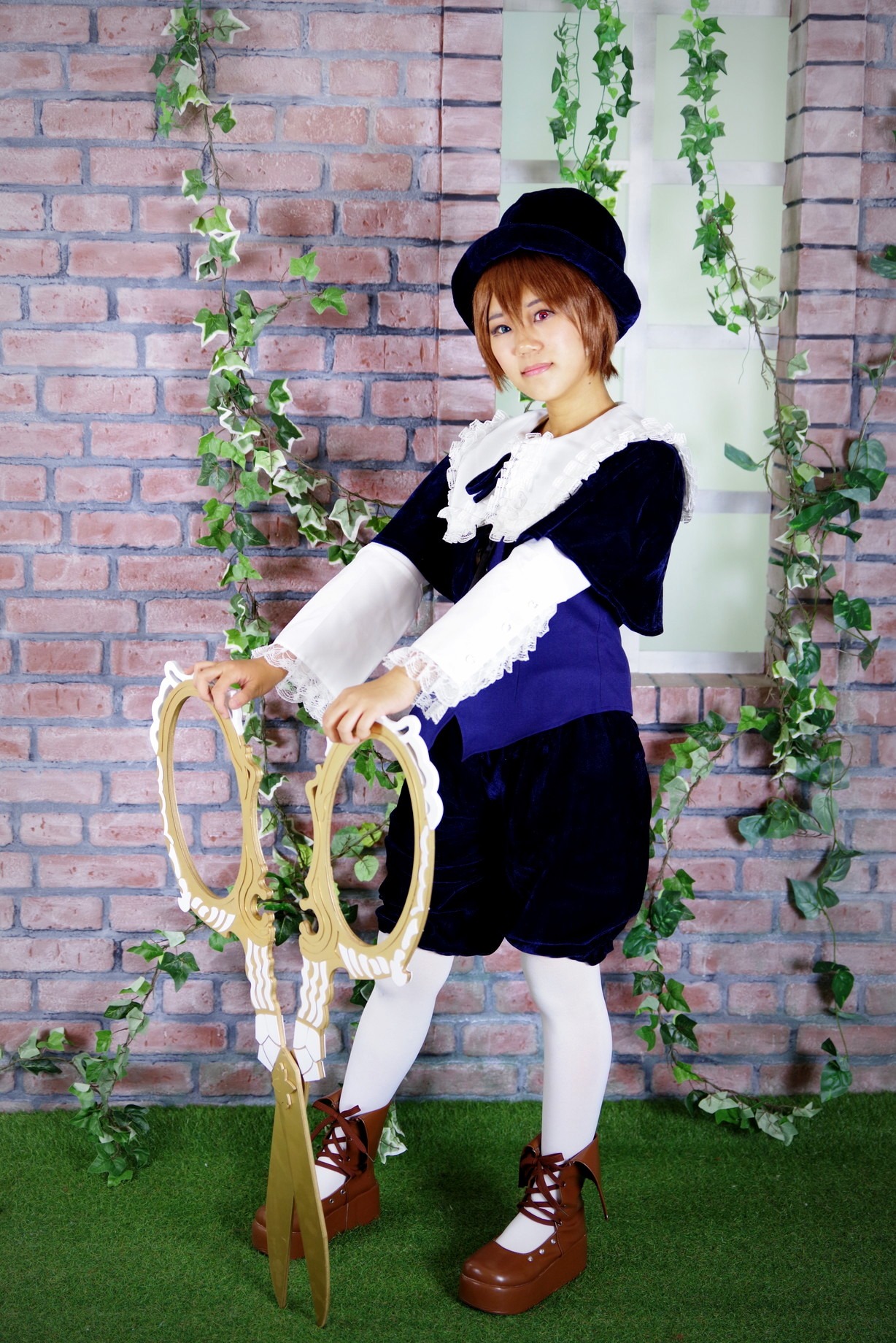 1boy brick brick_wall brown_hair flower flower_pot hat ivy looking_at_viewer pavement plant potted_plant shoes solo souseiseki standing tiles vines white_legwear