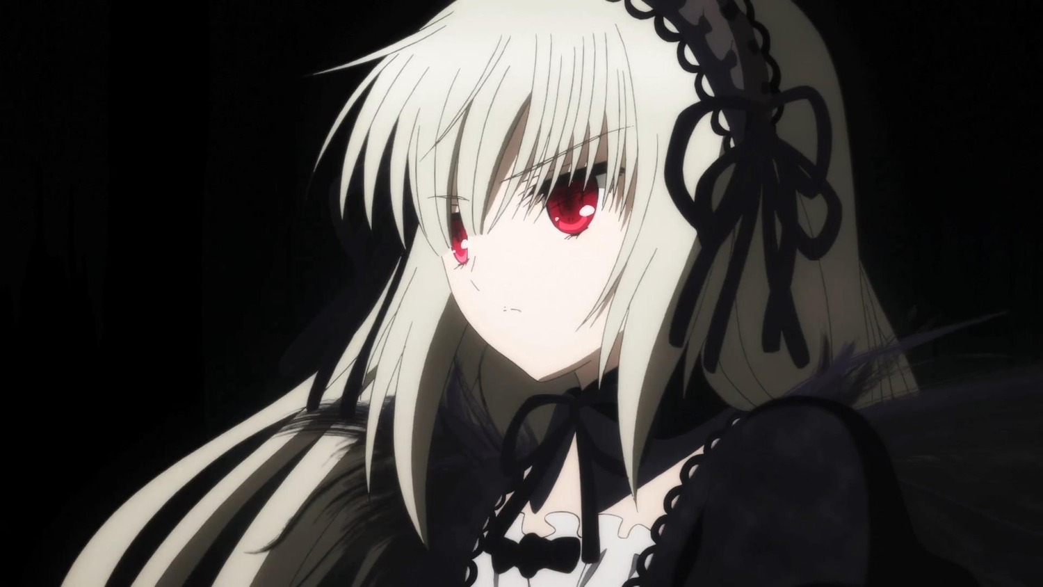 1girl bangs black_background black_dress black_ribbon closed_mouth dress expressionless eyebrows_visible_through_hair hairband image long_hair looking_at_viewer red_eyes ribbon silver_hair simple_background solo suigintou