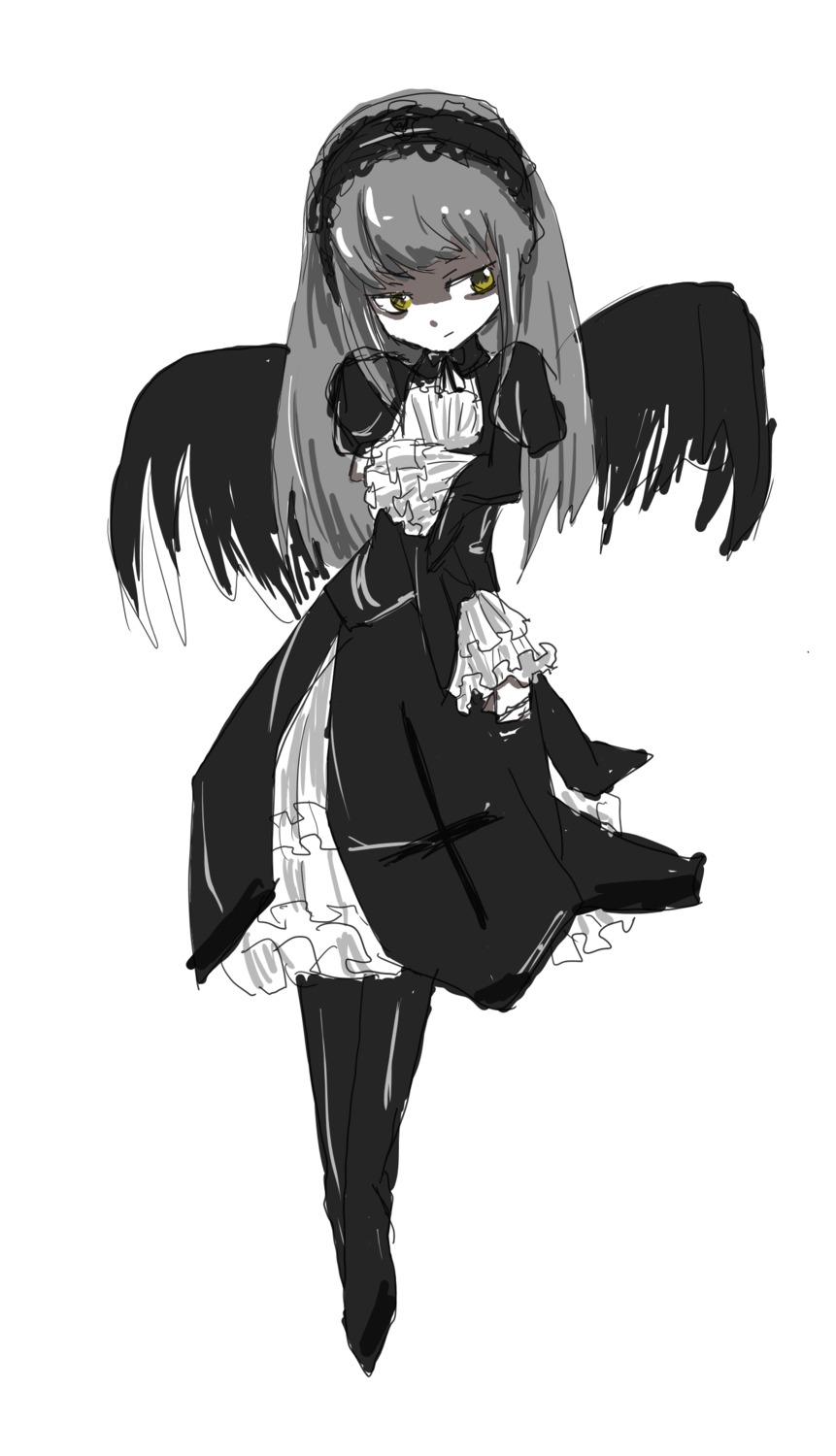 1girl black_wings boots dress frills full_body gothic_lolita hairband image knee_boots lolita_fashion long_hair long_sleeves looking_at_viewer monochrome solo standing suigintou white_background wings yellow_eyes