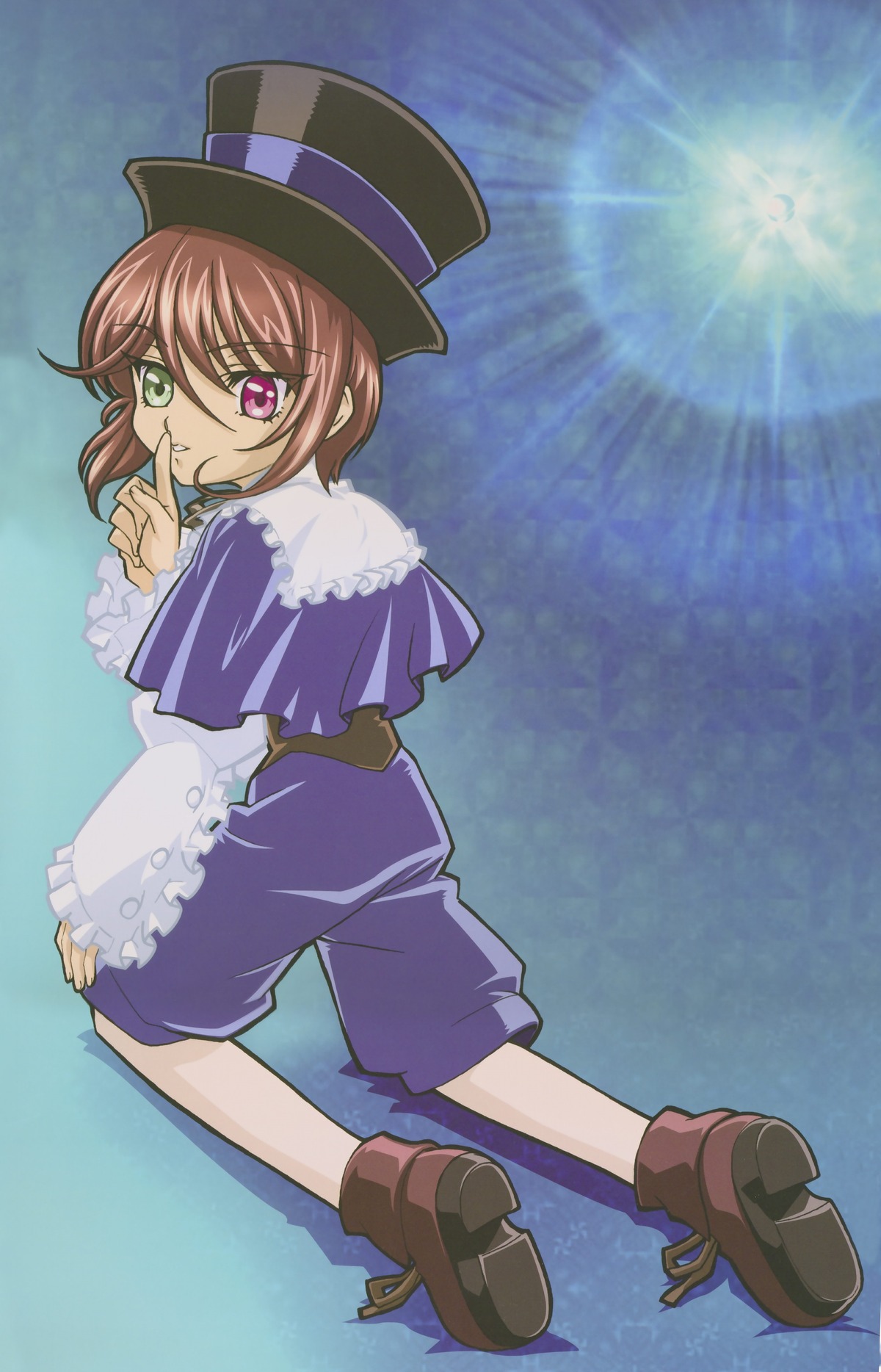 blue_background brown_footwear brown_hair capelet frills full_body hat heterochromia image long_sleeves looking_at_viewer looking_back purple_headwear red_eyes short_hair shorts smile solo souseiseki top_hat