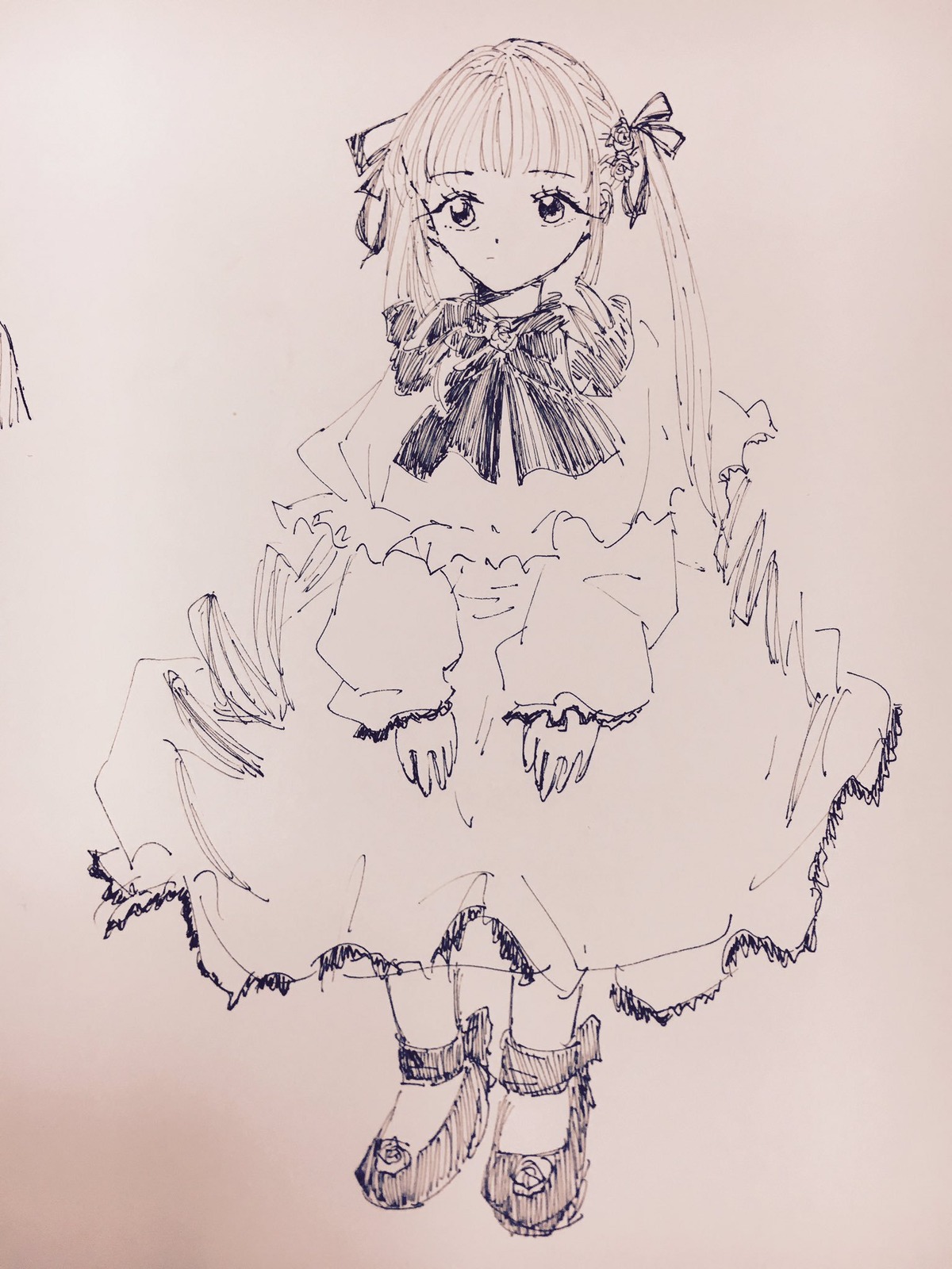 1girl bangs closed_mouth dress full_body image long_sleeves looking_at_viewer monochrome ribbon shinku sketch solo standing