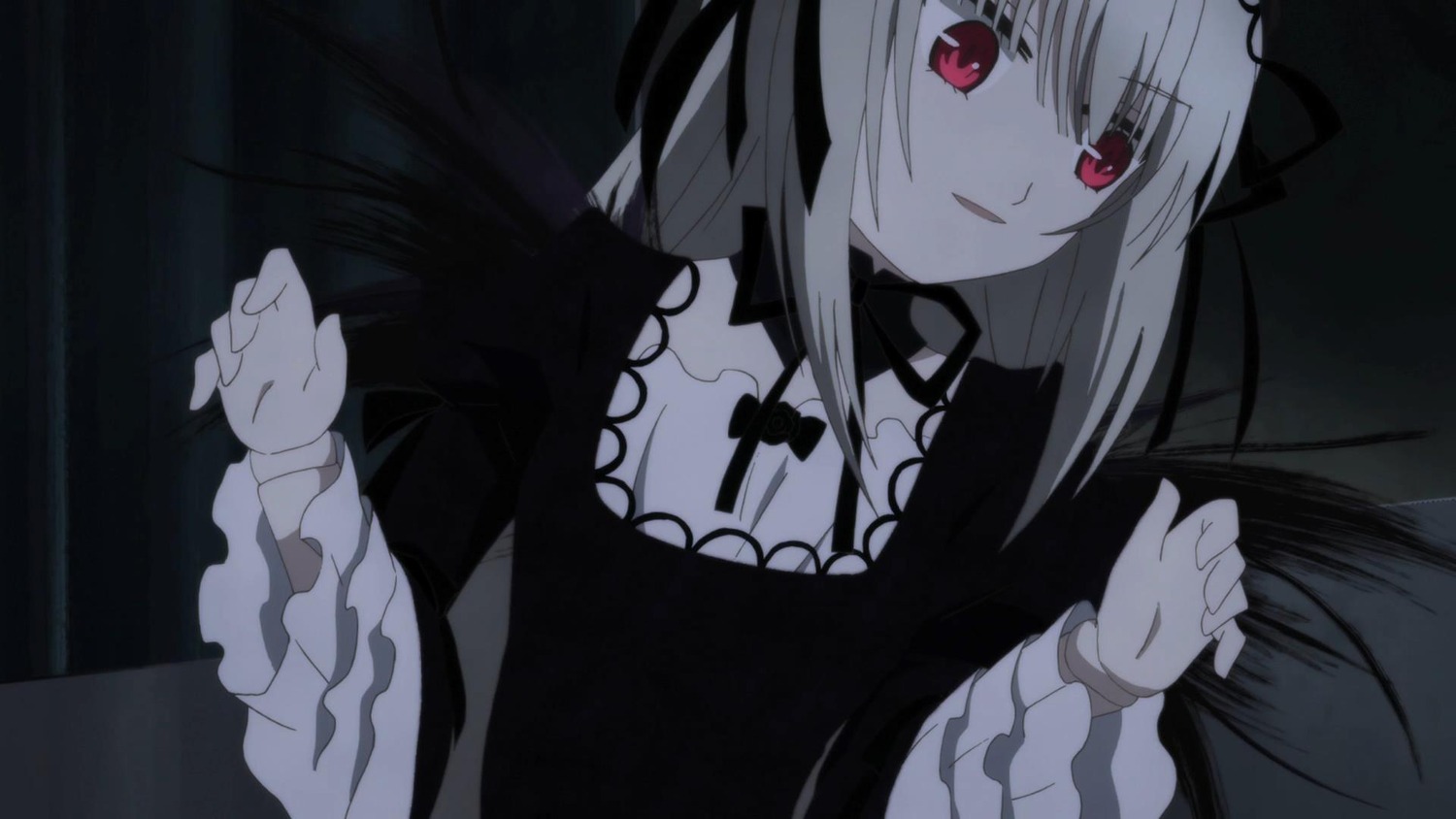 1girl auto_tagged bangs black_dress choker dress eyebrows_visible_through_hair frills gothic_lolita hairband image juliet_sleeves lolita_fashion long_hair long_sleeves looking_at_viewer red_eyes ribbon smile solo suigintou upper_body