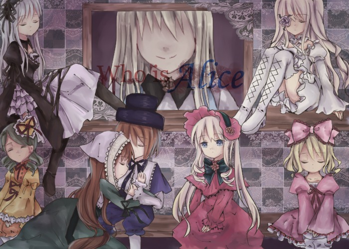 blonde_hair blue_eyes bow closed_eyes dress frills hat image long_hair long_sleeves multiple multiple_girls pink_bow silver_hair sitting sleeping suigintou tagme