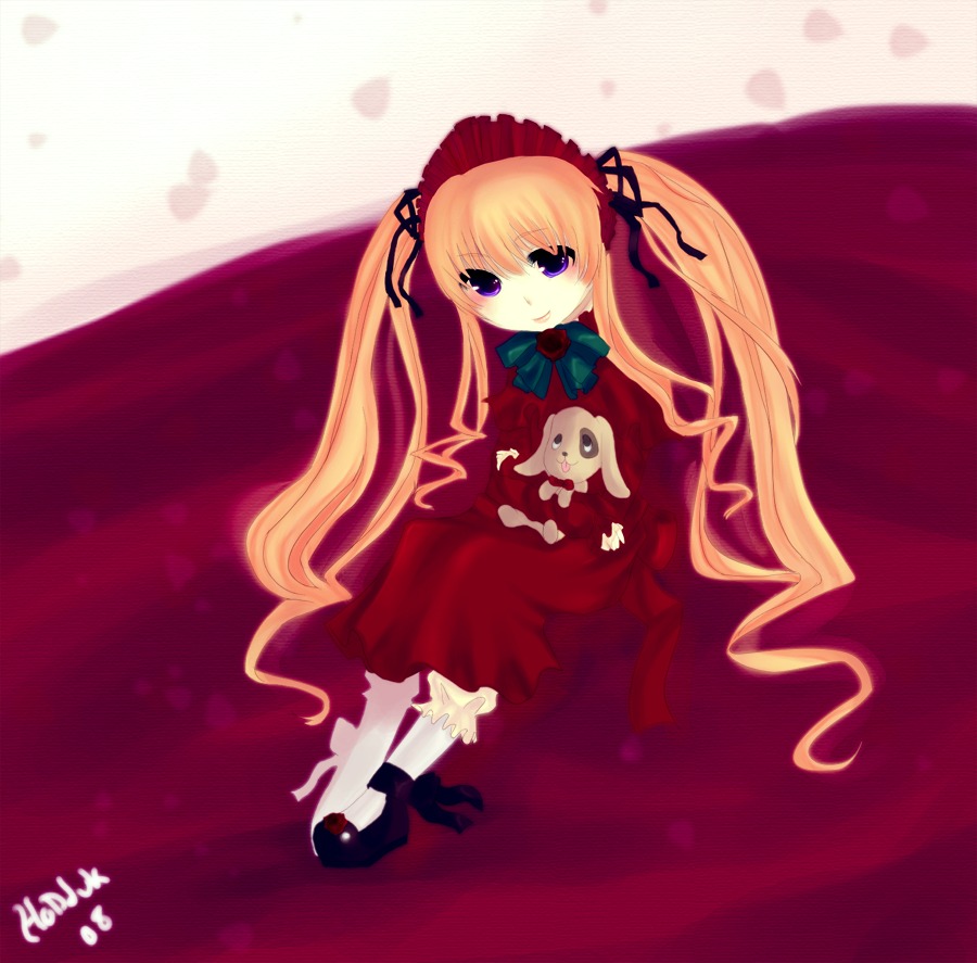 1girl blonde_hair blue_eyes bonnet bow dress full_body image long_hair long_sleeves looking_at_viewer red_dress shinku shoes sitting solo standing twintails very_long_hair white_legwear