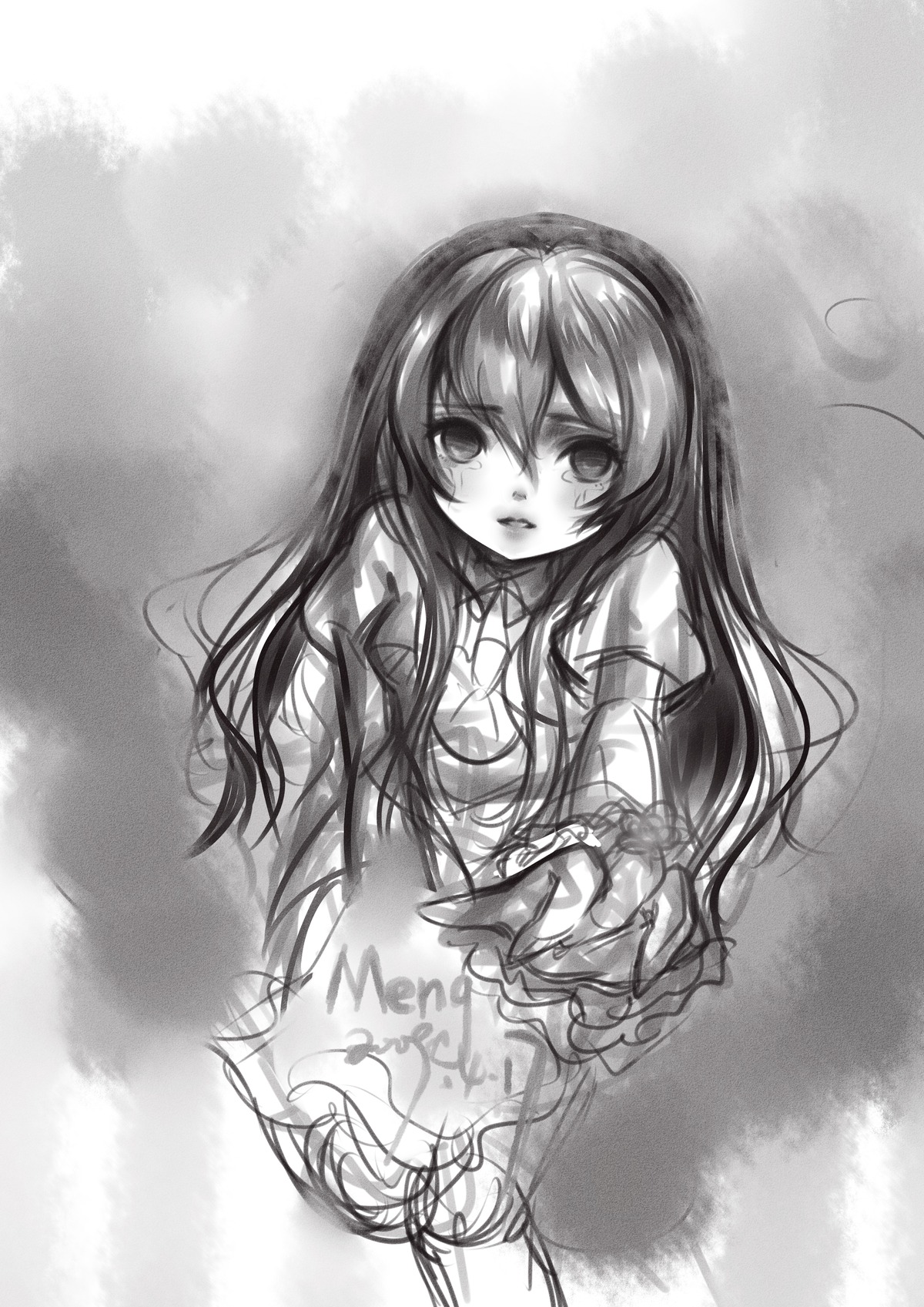 1girl greyscale image long_hair looking_at_viewer monochrome skirt solo suigintou