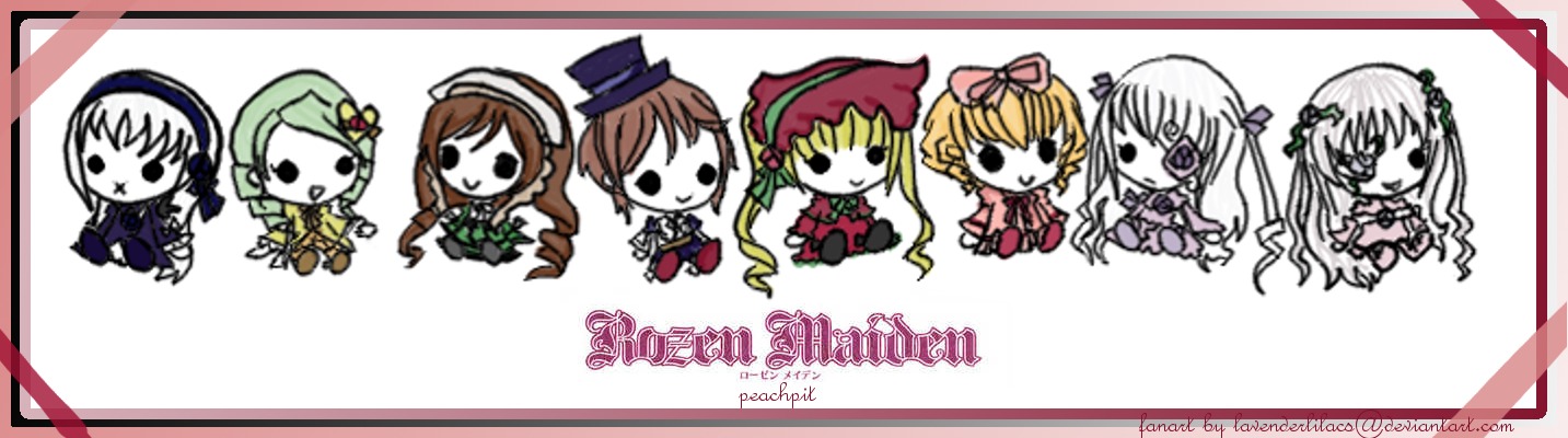 6+girls blonde_hair bonnet bow brown_hair chibi dress hair_ornament hat hina_ichigo image kanaria long_hair multiple multiple_girls pink_bow shinku silver_hair souseiseki suigintou tagme