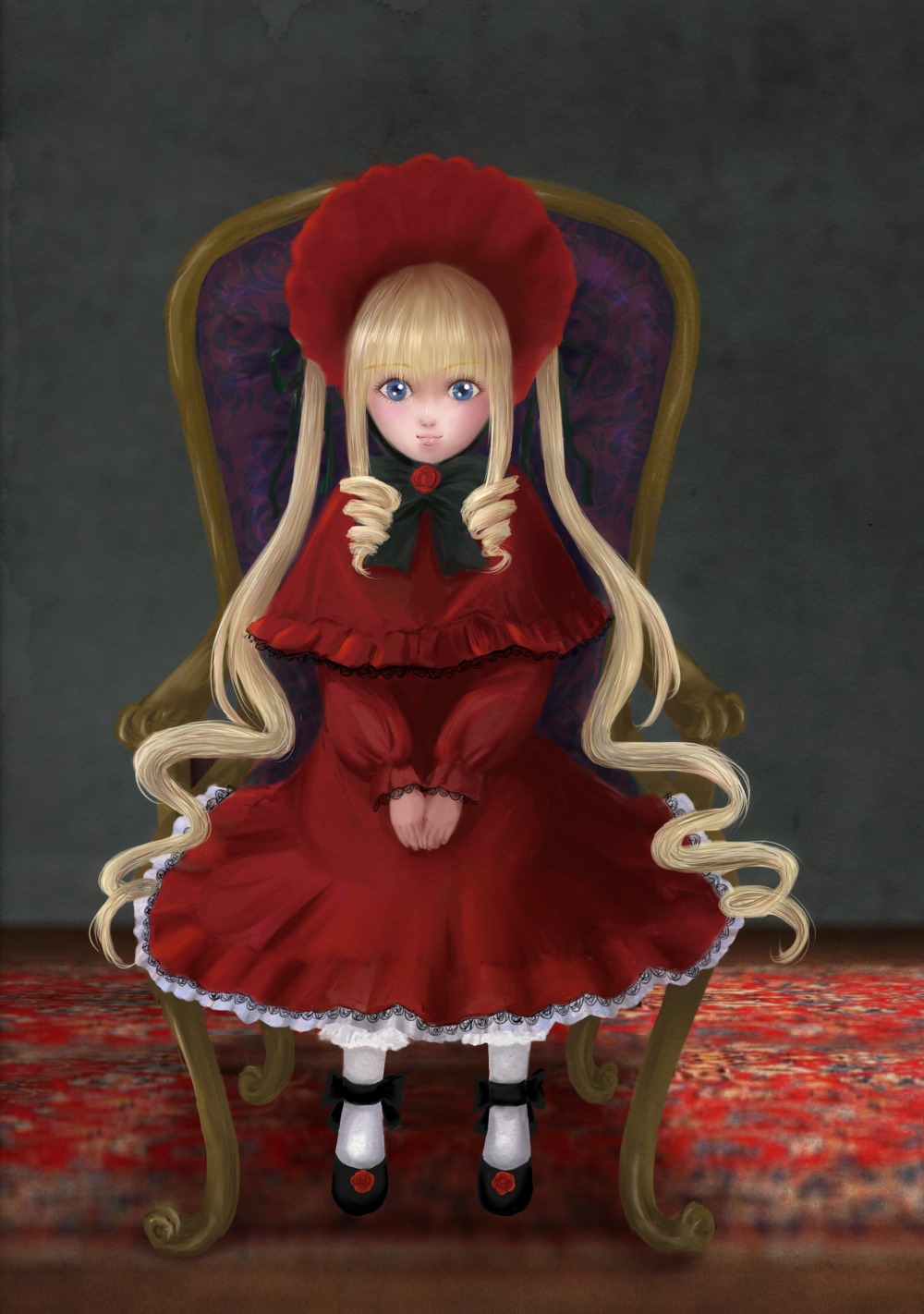 1girl blonde_hair blue_eyes bonnet bow bowtie chair dress flower full_body image long_hair long_sleeves looking_at_viewer mary_janes pantyhose red_dress rose shinku shoes sitting solo twintails very_long_hair