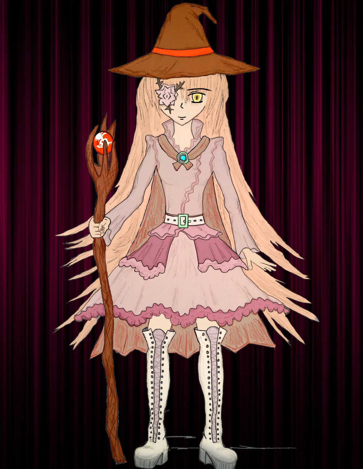 1girl blonde_hair boots cross-laced_footwear dress full_body hat image jewelry kirakishou knee_boots lace-up_boots long_hair solo staff standing witch_hat yellow_eyes