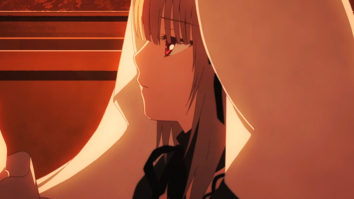 bangs black_ribbon close-up closed_mouth dress eyebrows_visible_through_hair grey_hair hair_ribbon image long_hair profile red_eyes ribbon smile solo suigintou