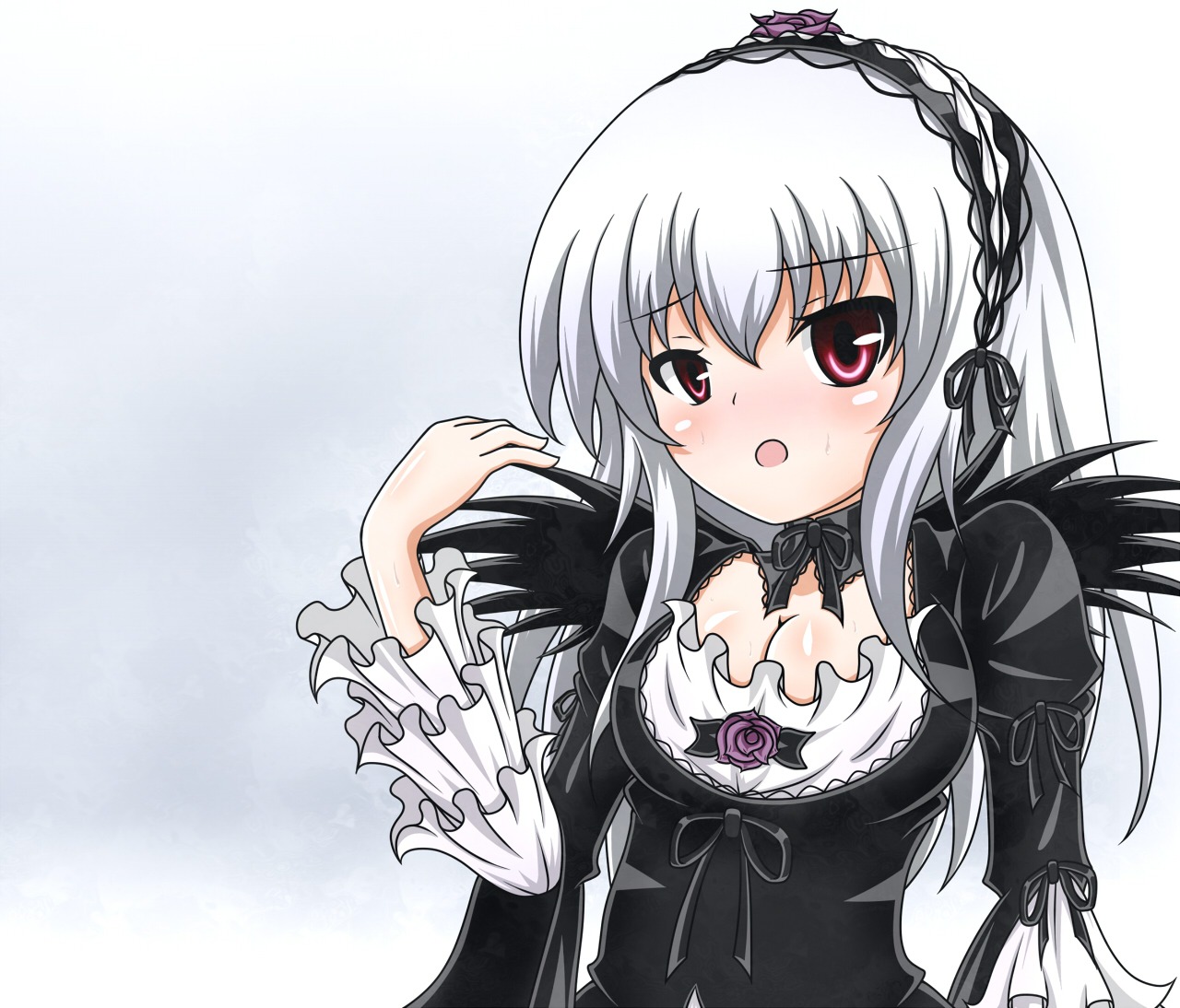 1girl black_dress blush breasts cleavage dress flower frills gothic_lolita hairband image lolita_fashion long_hair long_sleeves medium_breasts open_mouth red_eyes ribbon rose silver_hair solo suigintou upper_body