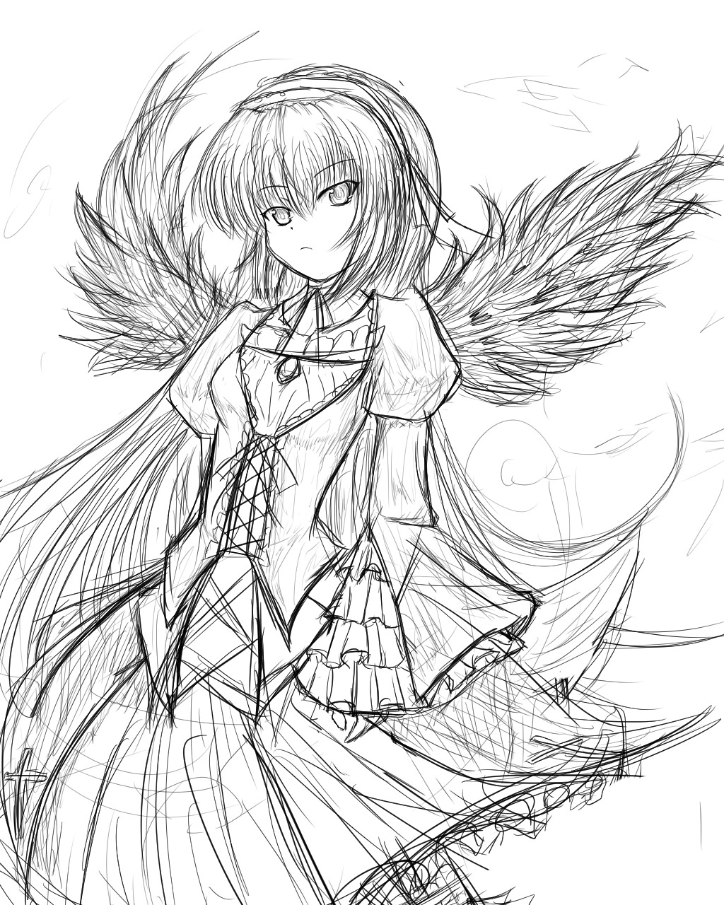 1girl auto_tagged bow greyscale image long_hair long_sleeves looking_at_viewer monochrome reiuji_utsuho sketch skirt solo suigintou wings