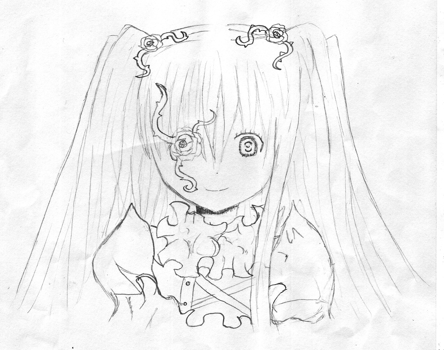 1girl closed_mouth greyscale hair_ornament image kirakishou long_hair looking_at_viewer monochrome smile solo traditional_media upper_body